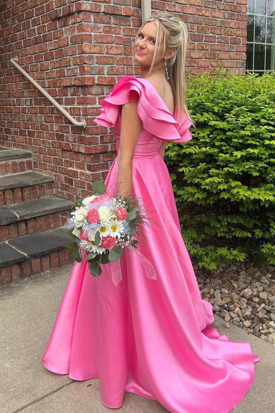 Betsy | Hot Pink V-Neck Ruffle A-Line Long Prom Dress - Image 3