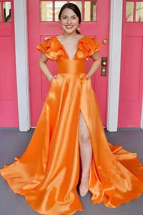 Betsy | Hot Pink V-Neck Ruffle A-Line Long Prom Dress - Image 4