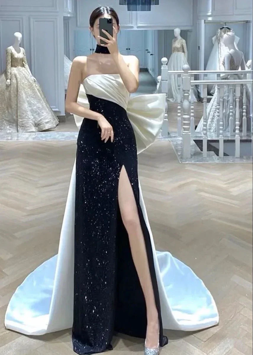 Hot selling contrasting color design black and white elegant ladies mermaid tail long skirt evening dress Y4553 - Image 2