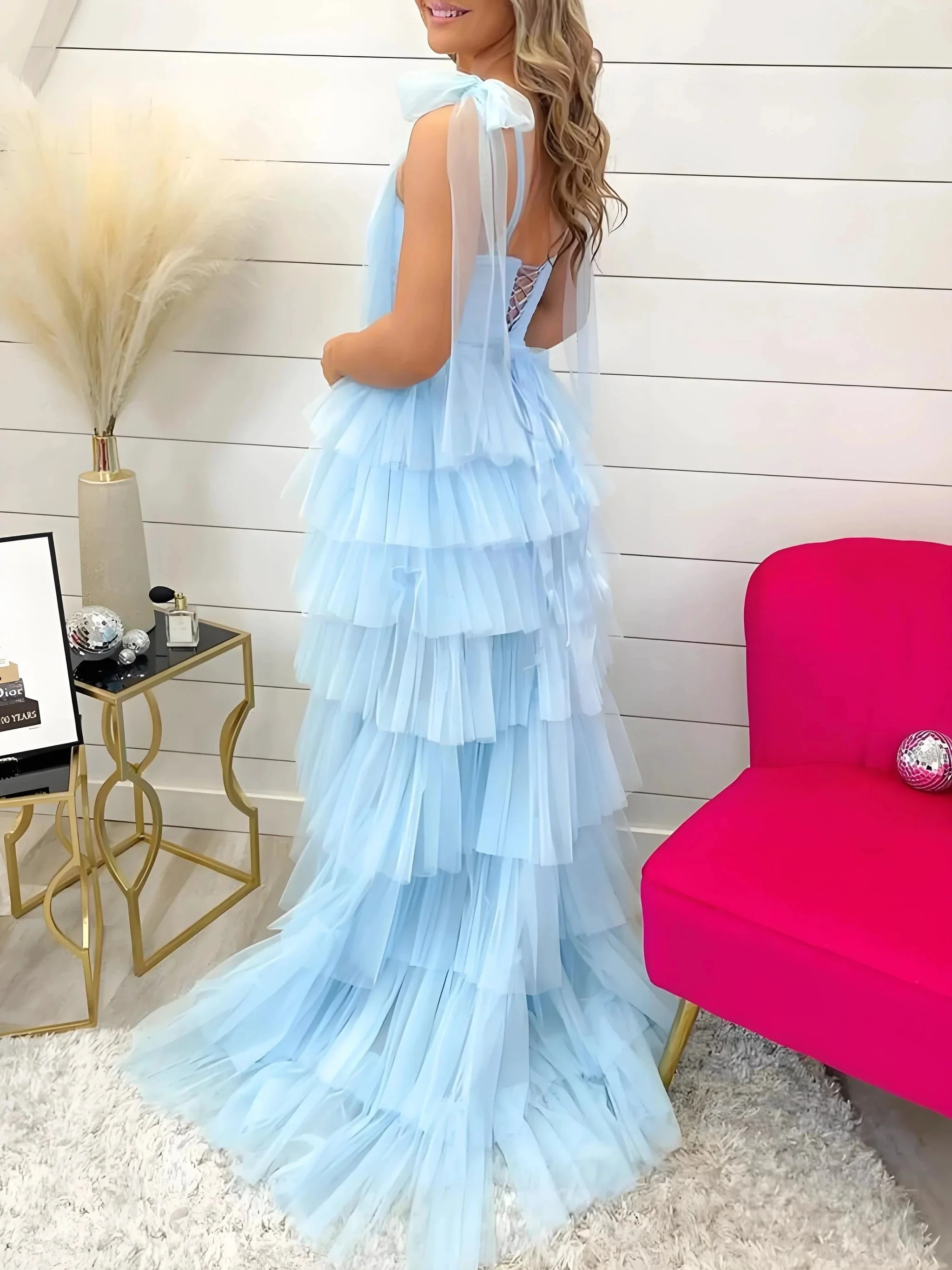 Houda | Light Blue Pleated Ruffle Prom Dress with Bow Tie Straps - Image 3