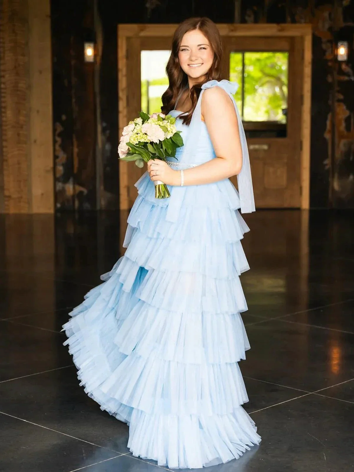 Houda | Light Blue Pleated Ruffle Prom Dress with Bow Tie Straps - Image 4