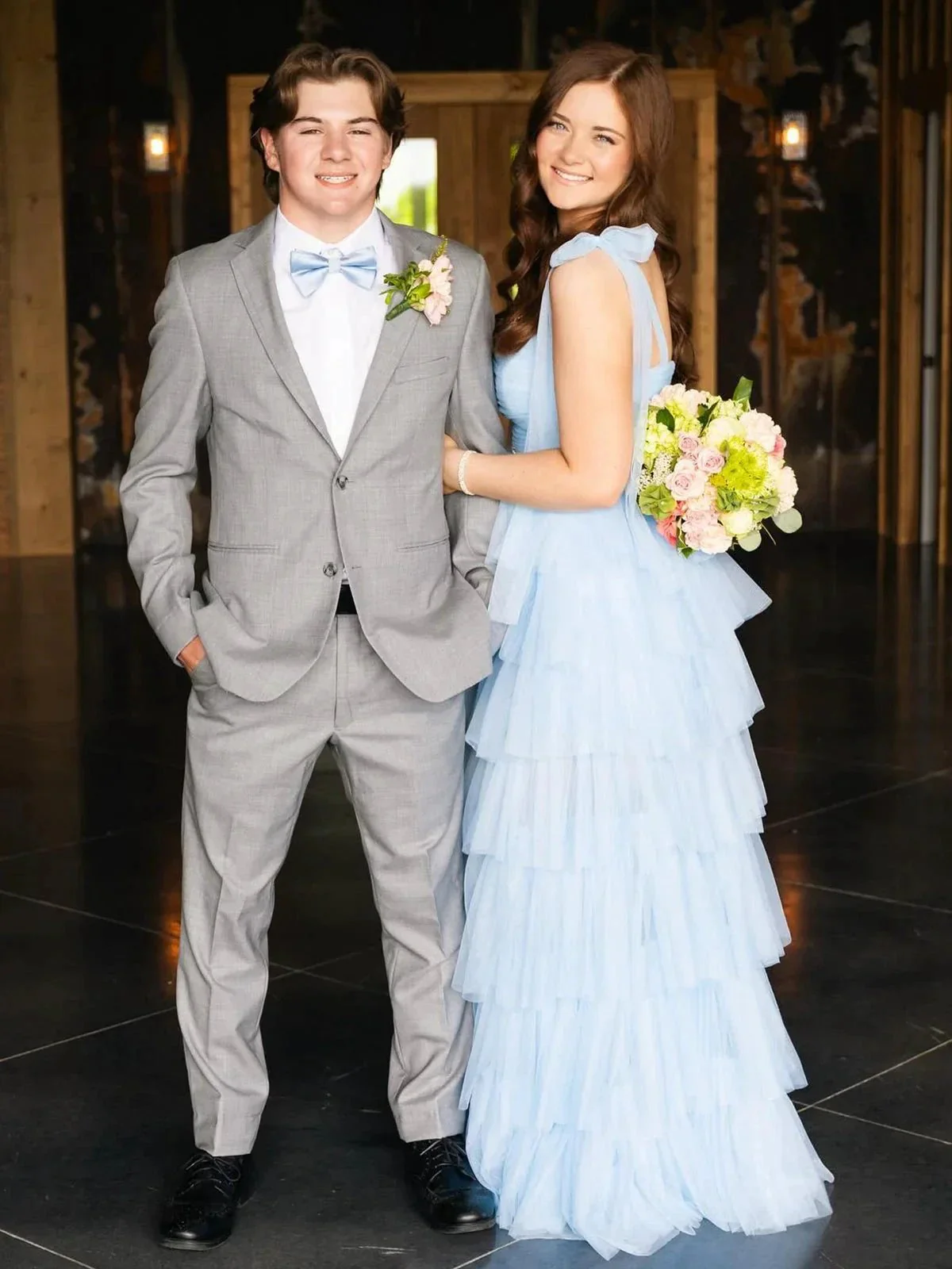 Houda | Light Blue Pleated Ruffle Prom Dress with Bow Tie Straps - Image 6