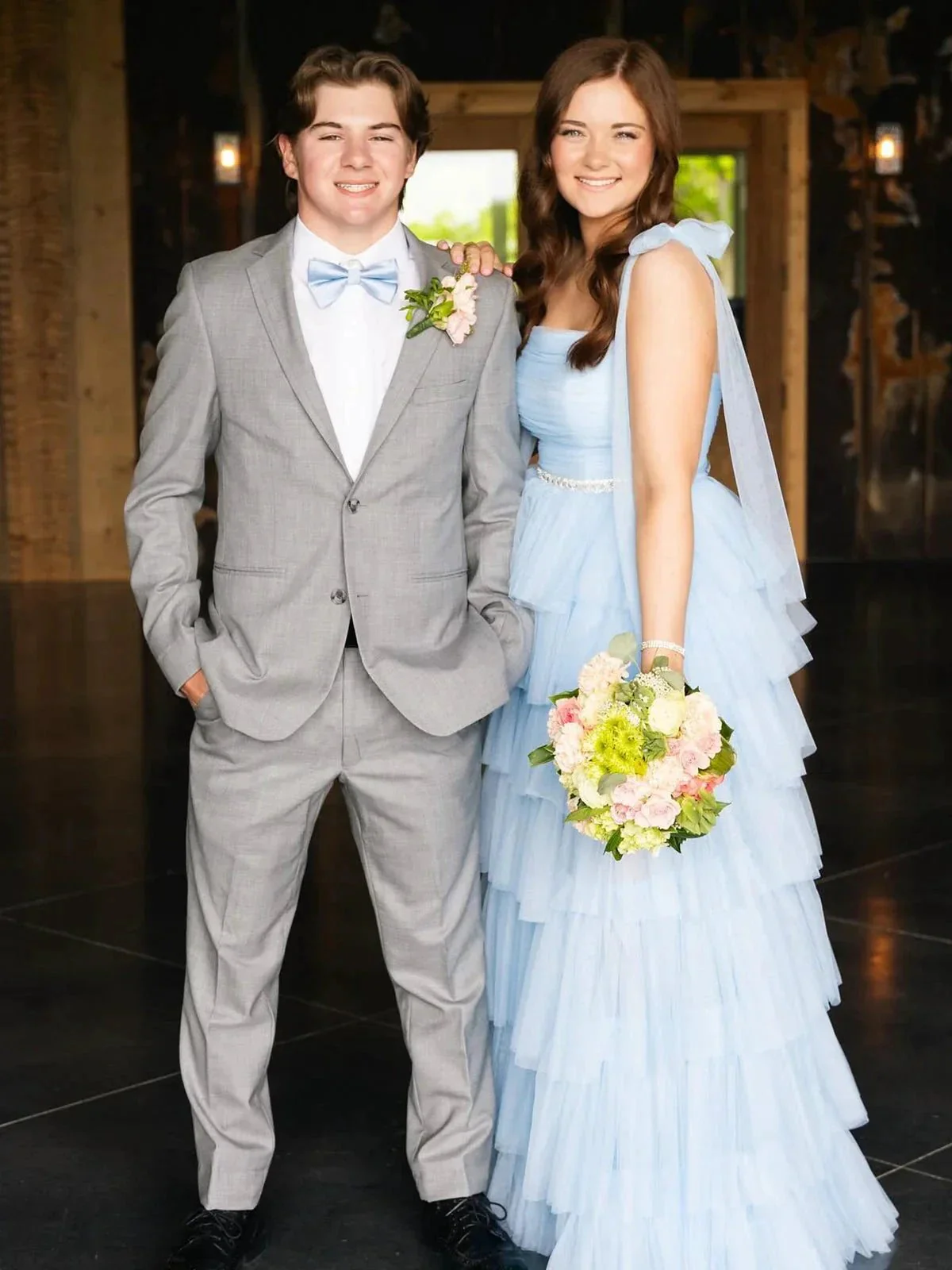 Houda | Light Blue Pleated Ruffle Prom Dress with Bow Tie Straps - Image 7