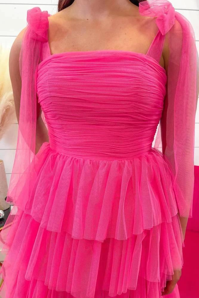 Houda | Light Blue Pleated Ruffle Prom Dress with Bow Tie Straps - Image 9