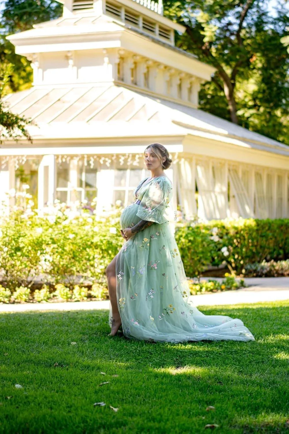 Embroidery Tulle Robe Maternity Dress for Photoshoot Ball Gown Slit Pregnancy Baby Shower Gown - Image 4
