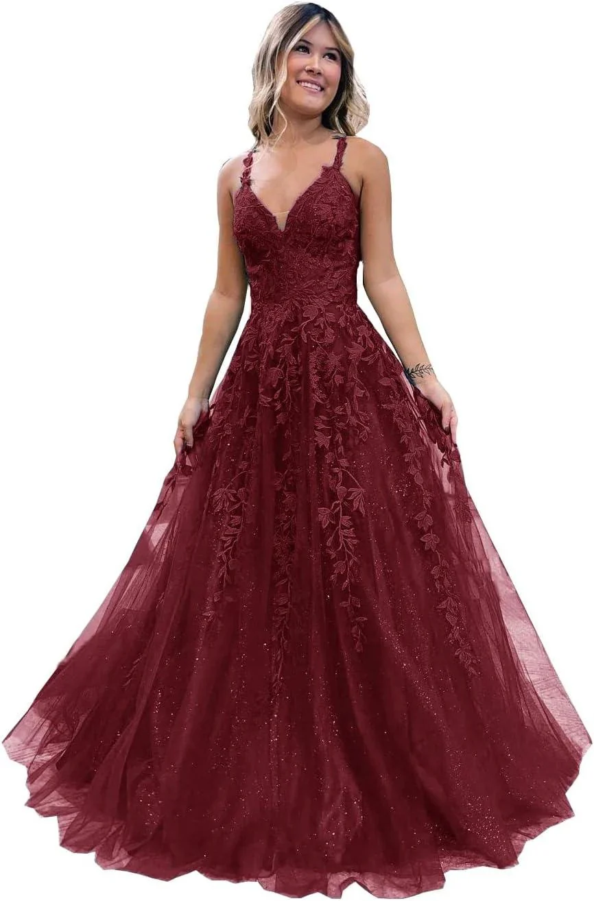 Floral Lace Glitter Tulle Prom Dress Long Ball Gown V Neck Formal Evening Dress Maxi Party Gown - Image 10