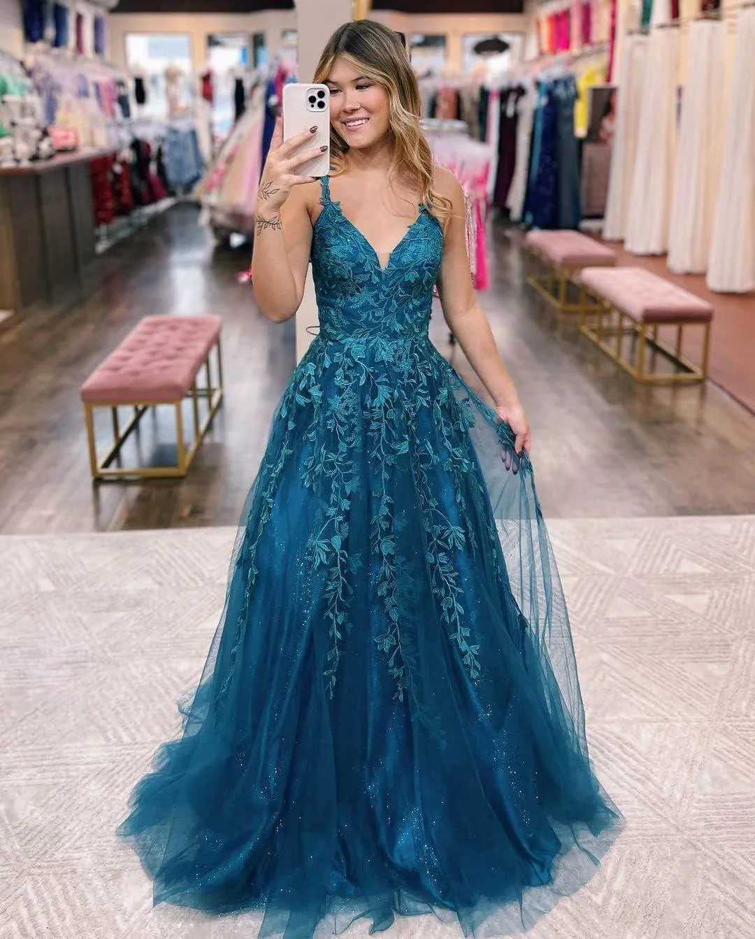Floral Lace Glitter Tulle Prom Dress Long Ball Gown V Neck Formal Evening Dress Maxi Party Gown - Image 3