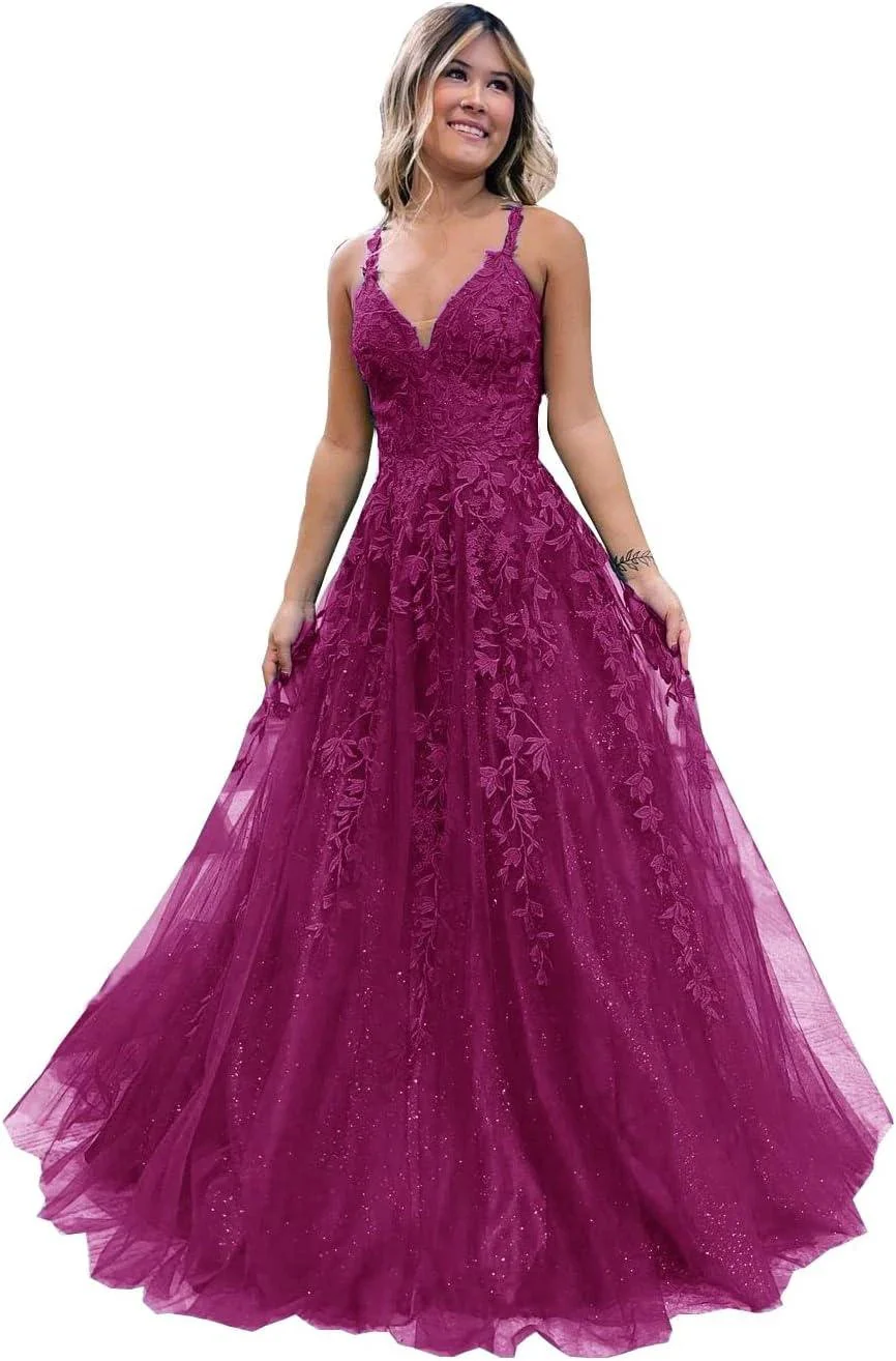 Floral Lace Glitter Tulle Prom Dress Long Ball Gown V Neck Formal Evening Dress Maxi Party Gown - Image 5