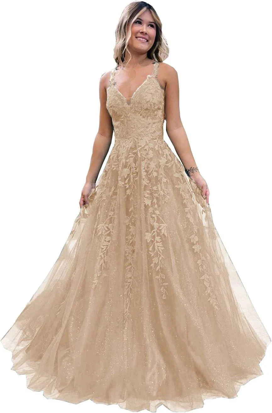 Floral Lace Glitter Tulle Prom Dress Long Ball Gown V Neck Formal Evening Dress Maxi Party Gown - Image 6