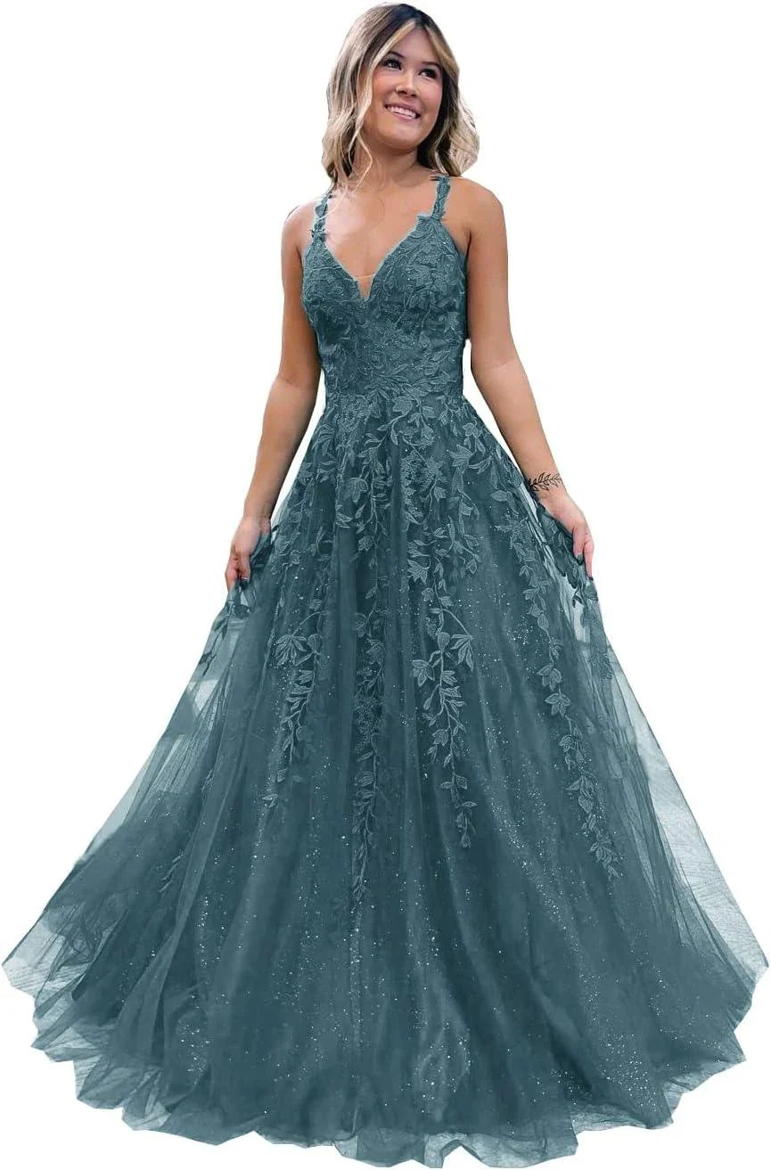 Floral Lace Glitter Tulle Prom Dress Long Ball Gown V Neck Formal Evening Dress Maxi Party Gown - Image 7