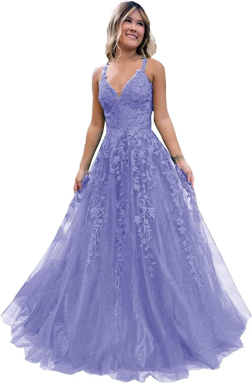 Floral Lace Glitter Tulle Prom Dress Long Ball Gown V Neck Formal Evening Dress Maxi Party Gown - Image 8