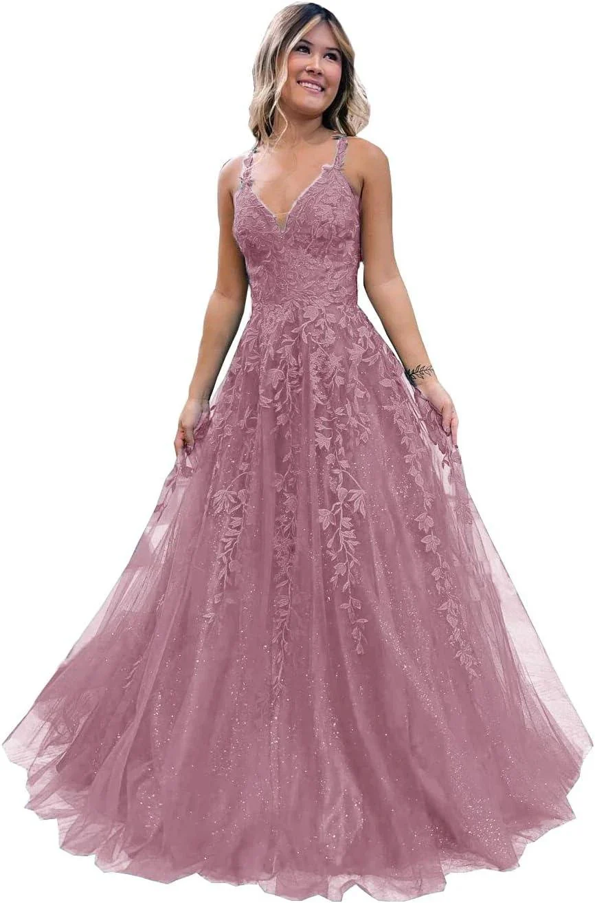 Floral Lace Glitter Tulle Prom Dress Long Ball Gown V Neck Formal Evening Dress Maxi Party Gown - Image 9