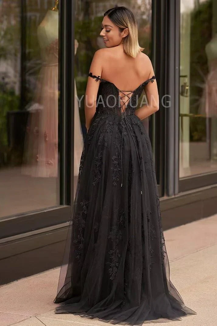 Lace Applique Tulle Prom Dresses for Women 2025 Spaghetti Straps Ball Gown Formal Evening Party Gown with Slit - Image 3