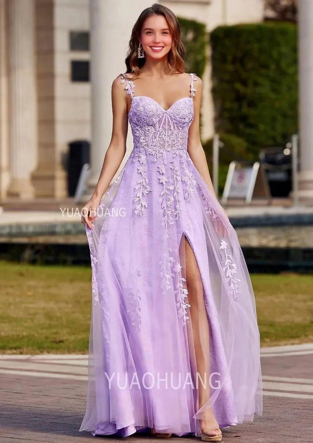 Lace Applique Tulle Prom Dresses for Women 2025 Spaghetti Straps Ball Gown Formal Evening Party Gown with Slit - Image 8