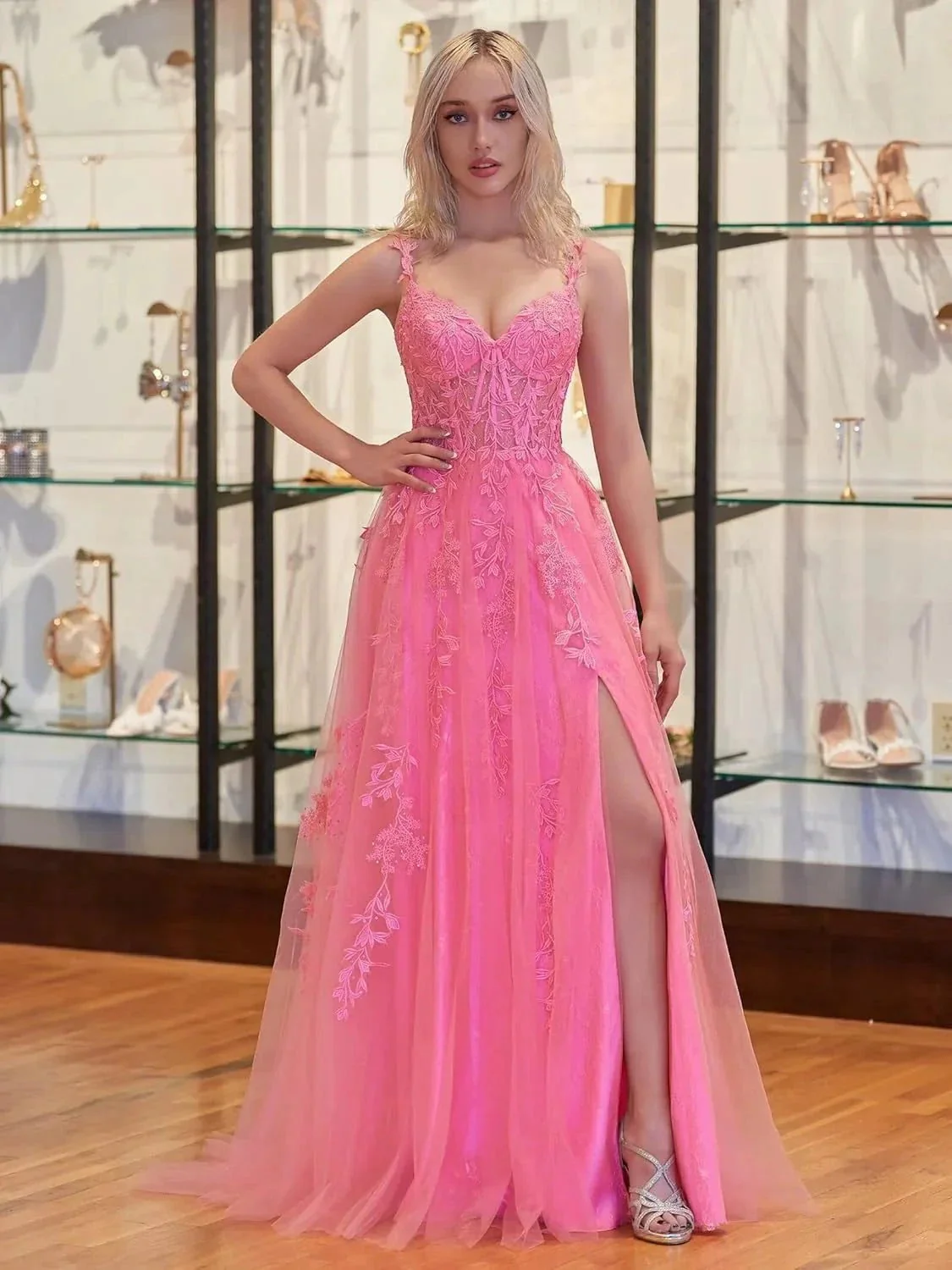 Lace Applique Tulle Prom Dresses for Women 2025 Spaghetti Straps Ball Gown Formal Evening Party Gown with Slit - Image 9