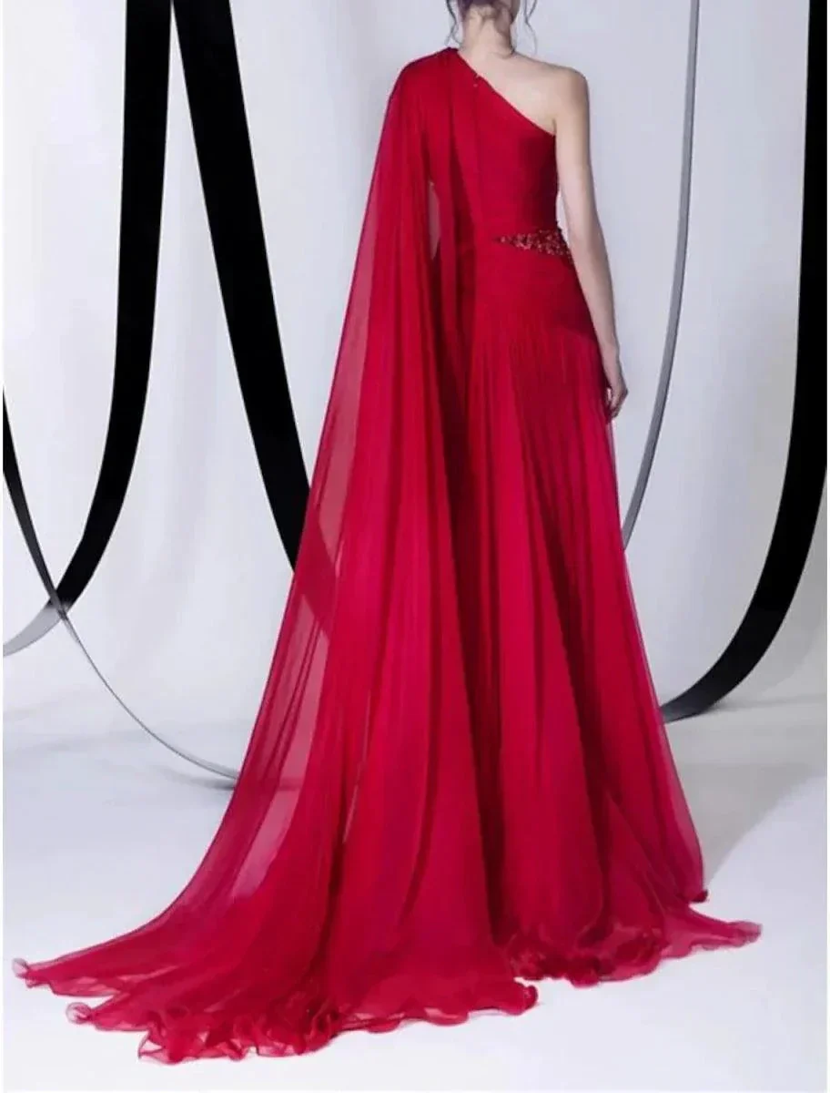 A-Line Empire Sexy Wedding Guest Formal Evening Dress One Shoulder Sleeveless Court Train Chiffon with Beading Slit - Image 2