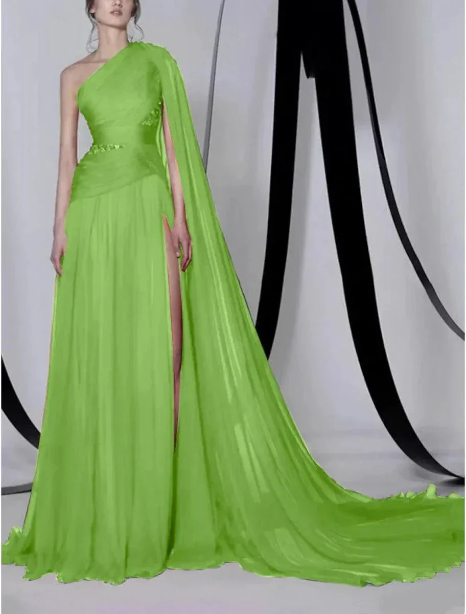 A-Line Empire Sexy Wedding Guest Formal Evening Dress One Shoulder Sleeveless Court Train Chiffon with Beading Slit - Image 3