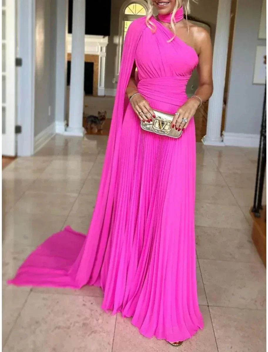 A-Line Evening Gown Elegant Dress Formal Sweep / Brush Train Sleeveless One Shoulder Chiffon with Pleats Ruched - Image 2
