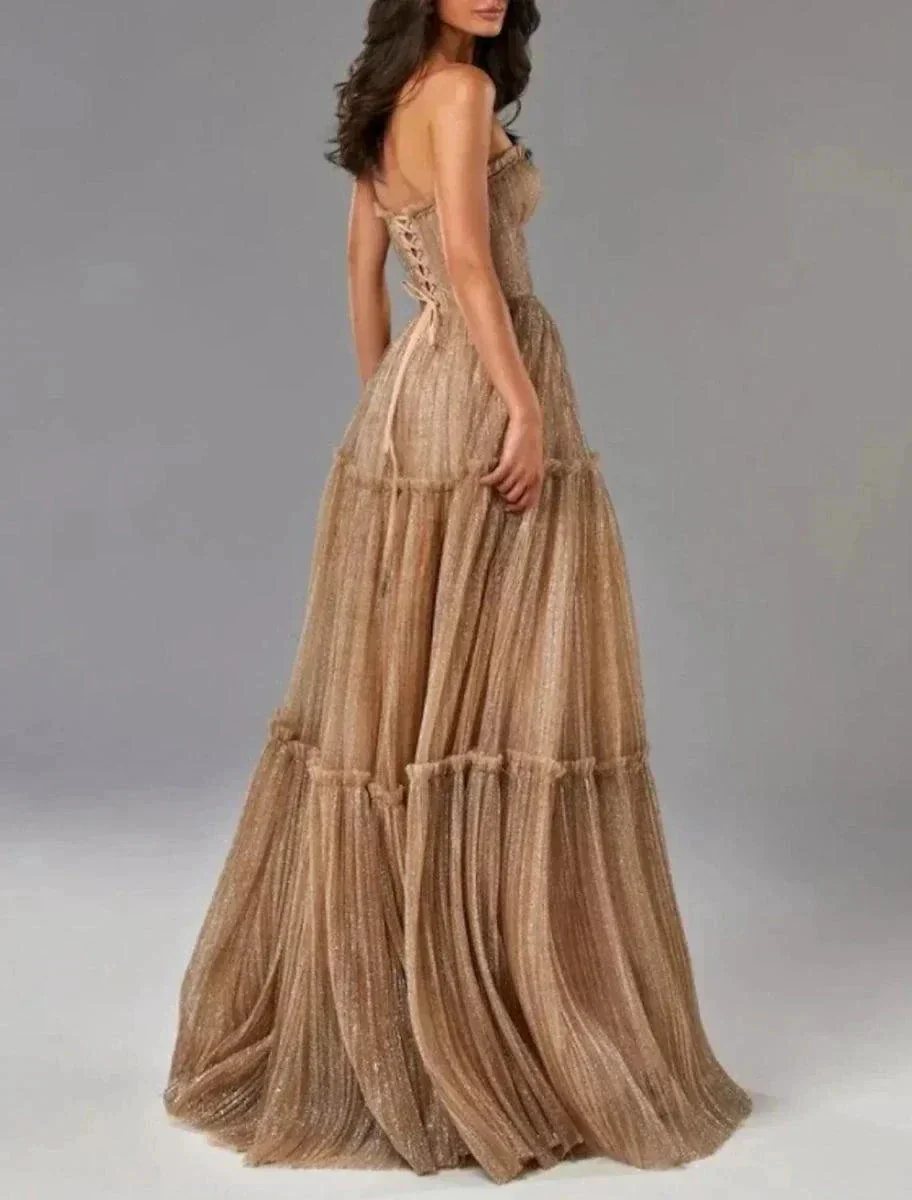 Sunnderly A-Line Evening Gown Glittering Dress Formal Wedding Guest Floor Length Sleeveless Strapless Tulle with Pleats - Image 2