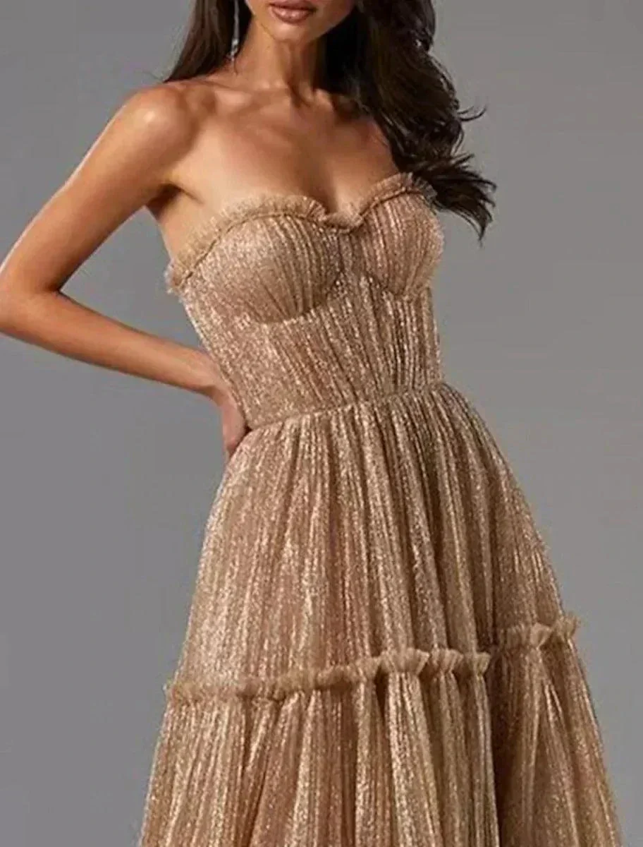 Sunnderly A-Line Evening Gown Glittering Dress Formal Wedding Guest Floor Length Sleeveless Strapless Tulle with Pleats - Image 3