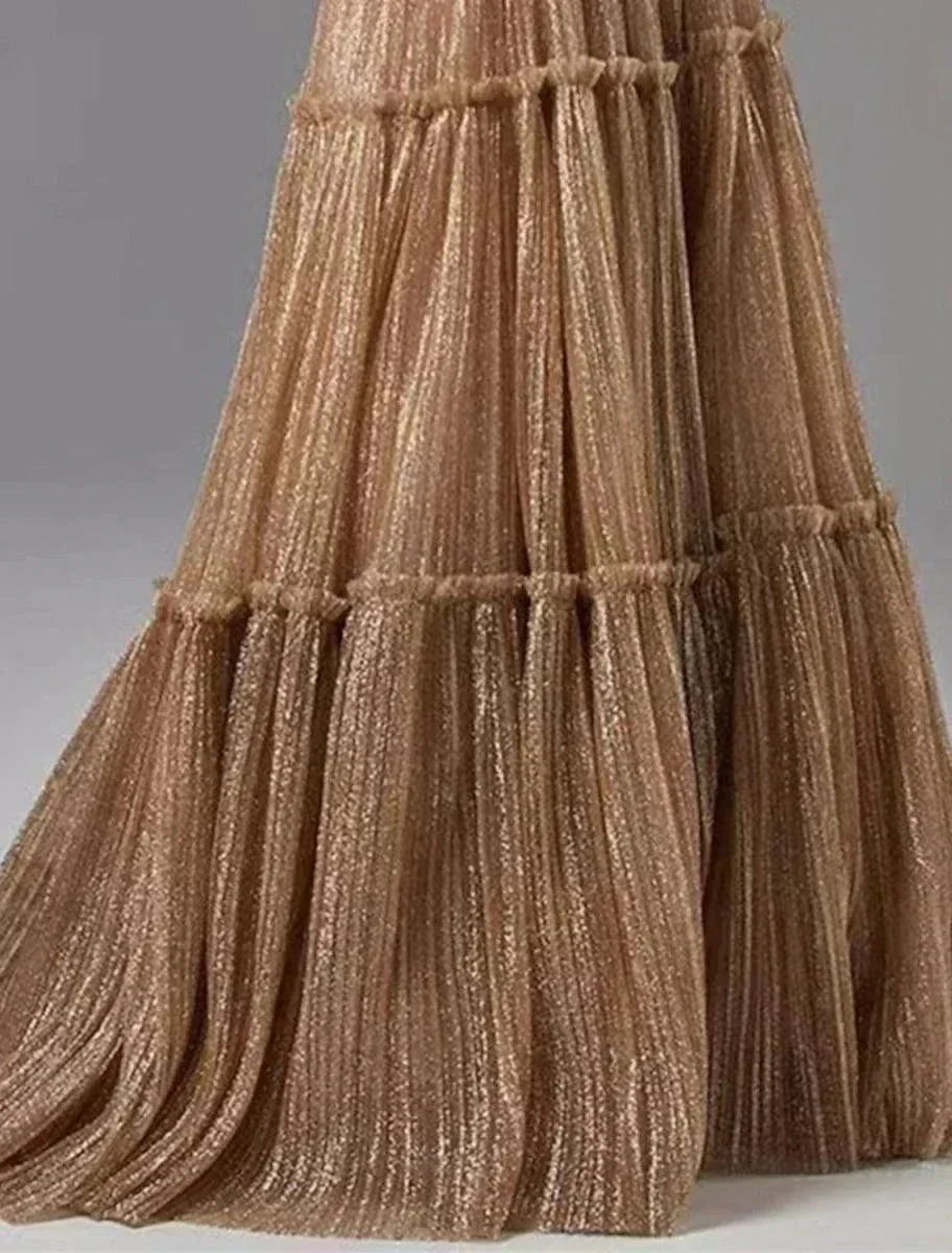 Sunnderly A-Line Evening Gown Glittering Dress Formal Wedding Guest Floor Length Sleeveless Strapless Tulle with Pleats - Image 4