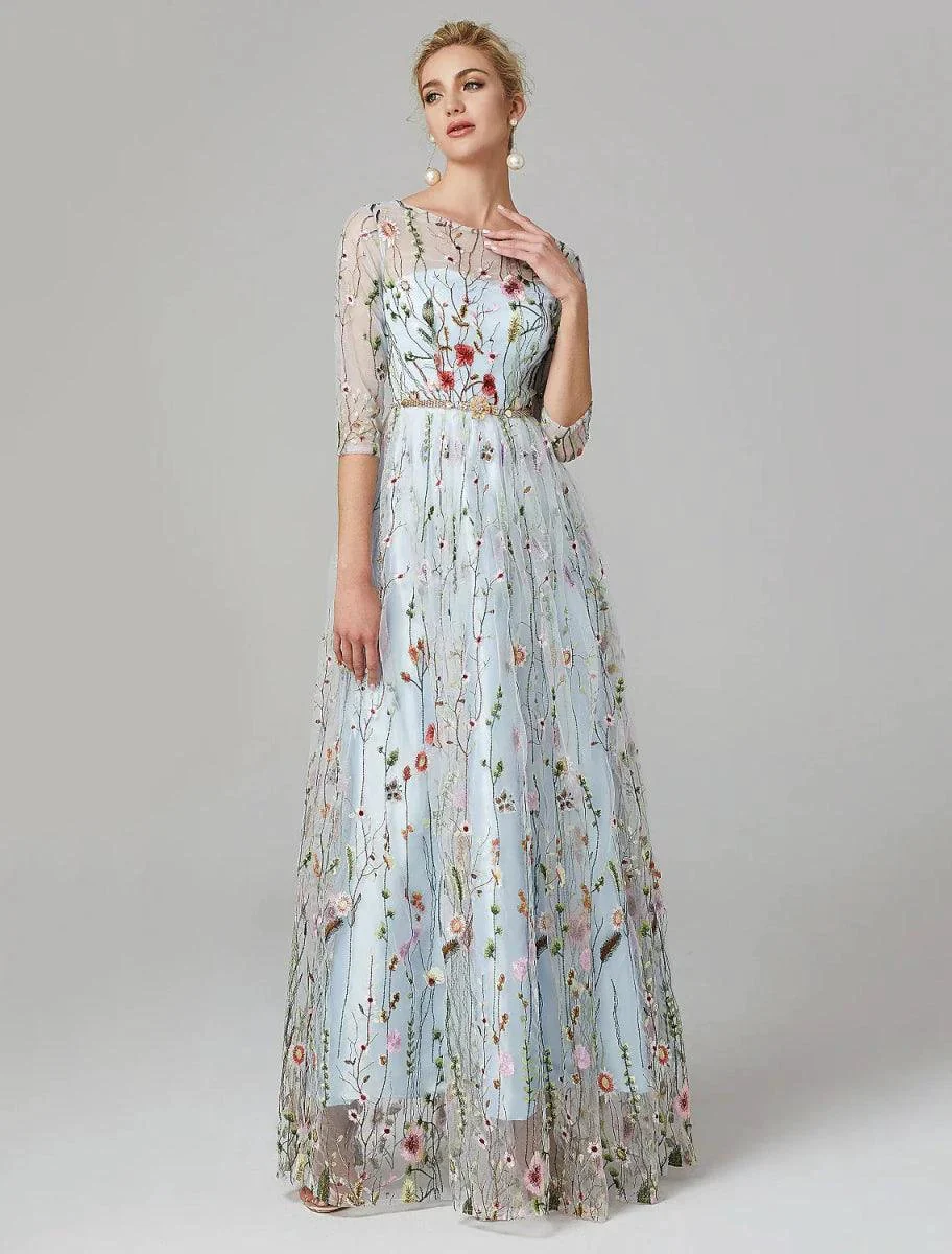 Sunnderly A-Line Evening Gown Party Dress Floral Dress Holiday Wedding Guest Floor Length 3/4 Length Sleeve Illusion Neck Lace with Embroidery - Image 2