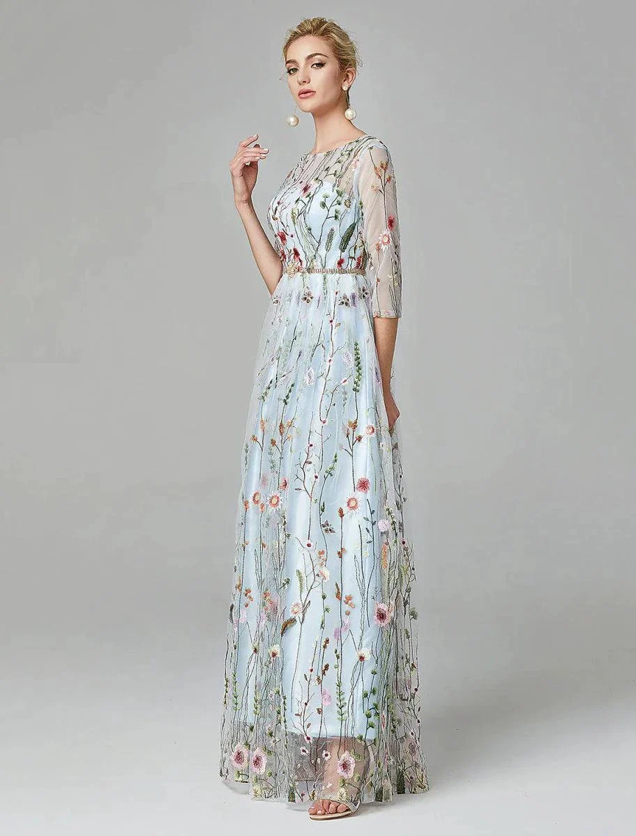 Sunnderly A-Line Evening Gown Party Dress Floral Dress Holiday Wedding Guest Floor Length 3/4 Length Sleeve Illusion Neck Lace with Embroidery - Image 3