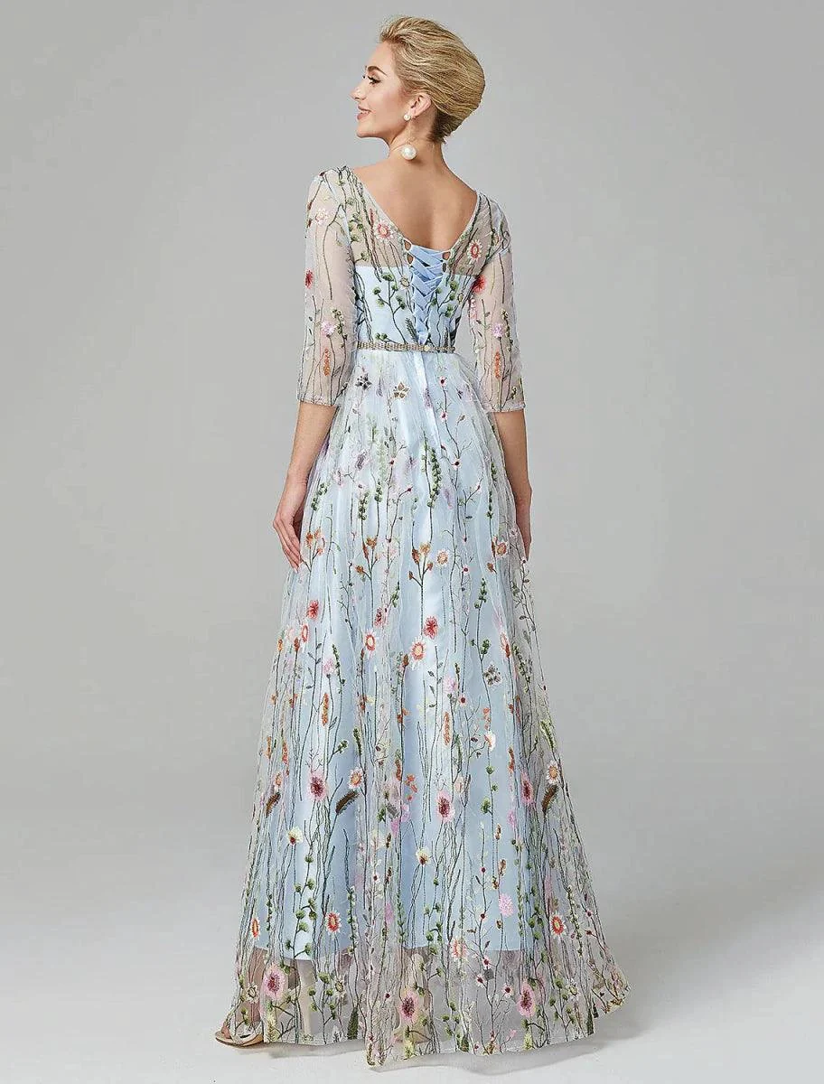 Sunnderly A-Line Evening Gown Party Dress Floral Dress Holiday Wedding Guest Floor Length 3/4 Length Sleeve Illusion Neck Lace with Embroidery - Image 4
