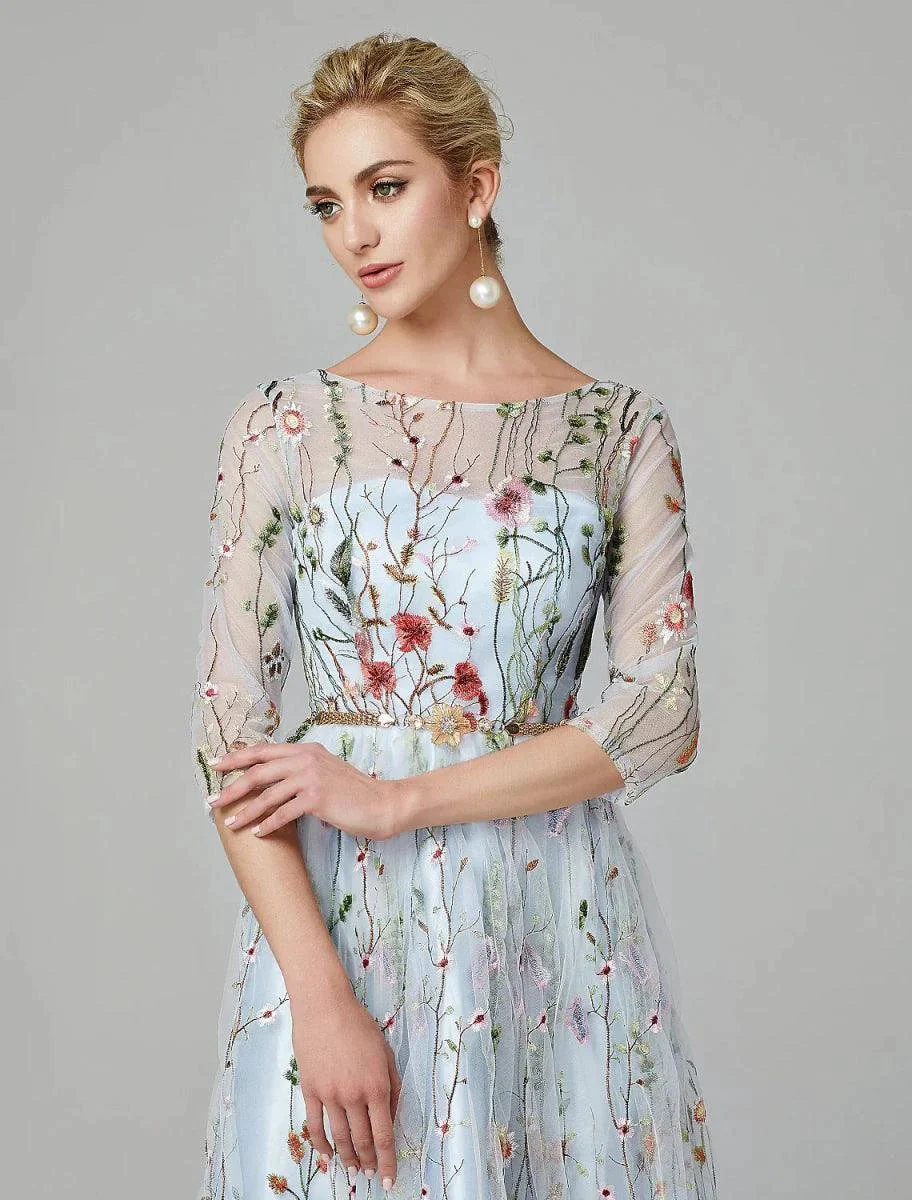 Sunnderly A-Line Evening Gown Party Dress Floral Dress Holiday Wedding Guest Floor Length 3/4 Length Sleeve Illusion Neck Lace with Embroidery - Image 5