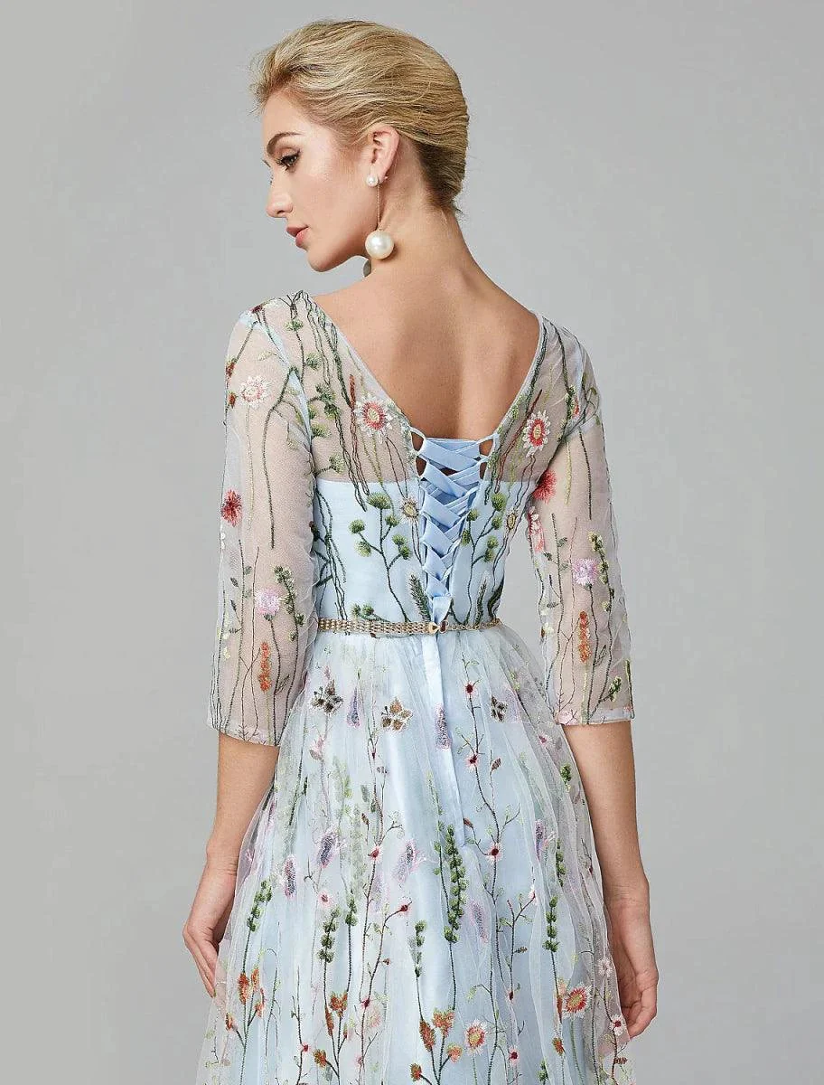 Sunnderly A-Line Evening Gown Party Dress Floral Dress Holiday Wedding Guest Floor Length 3/4 Length Sleeve Illusion Neck Lace with Embroidery - Image 6