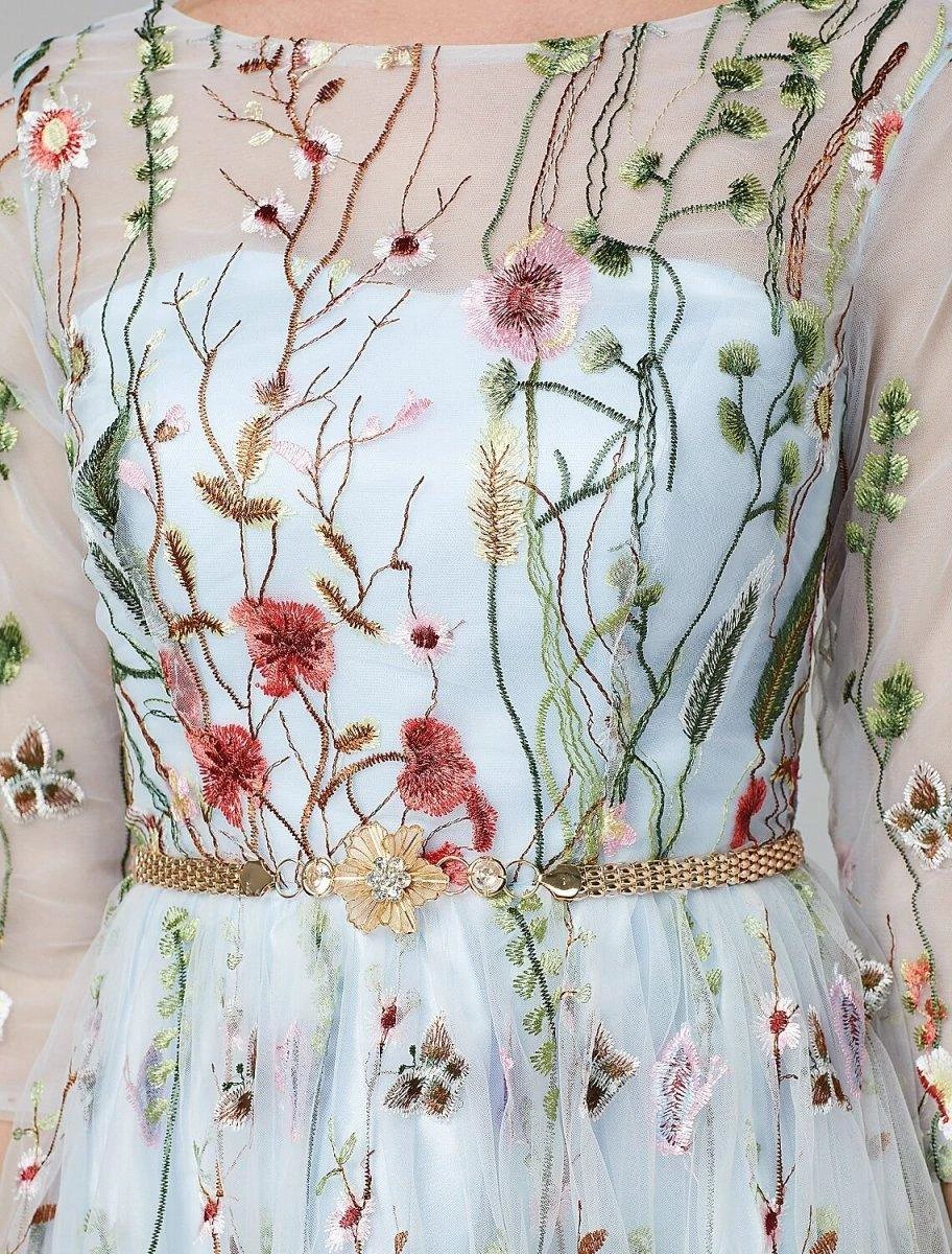 Sunnderly A-Line Evening Gown Party Dress Floral Dress Holiday Wedding Guest Floor Length 3/4 Length Sleeve Illusion Neck Lace with Embroidery - Image 7