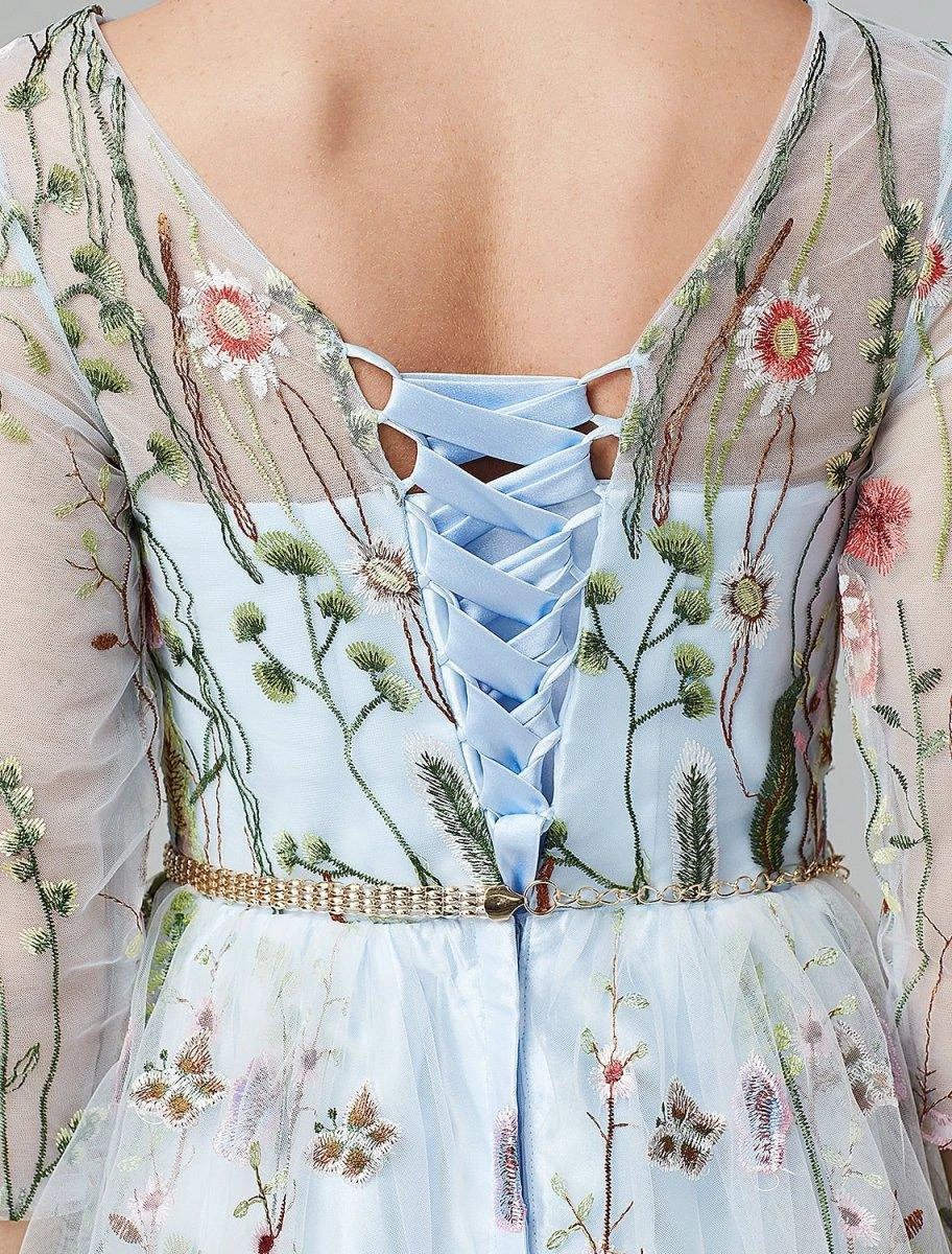 Sunnderly A-Line Evening Gown Party Dress Floral Dress Holiday Wedding Guest Floor Length 3/4 Length Sleeve Illusion Neck Lace with Embroidery - Image 8