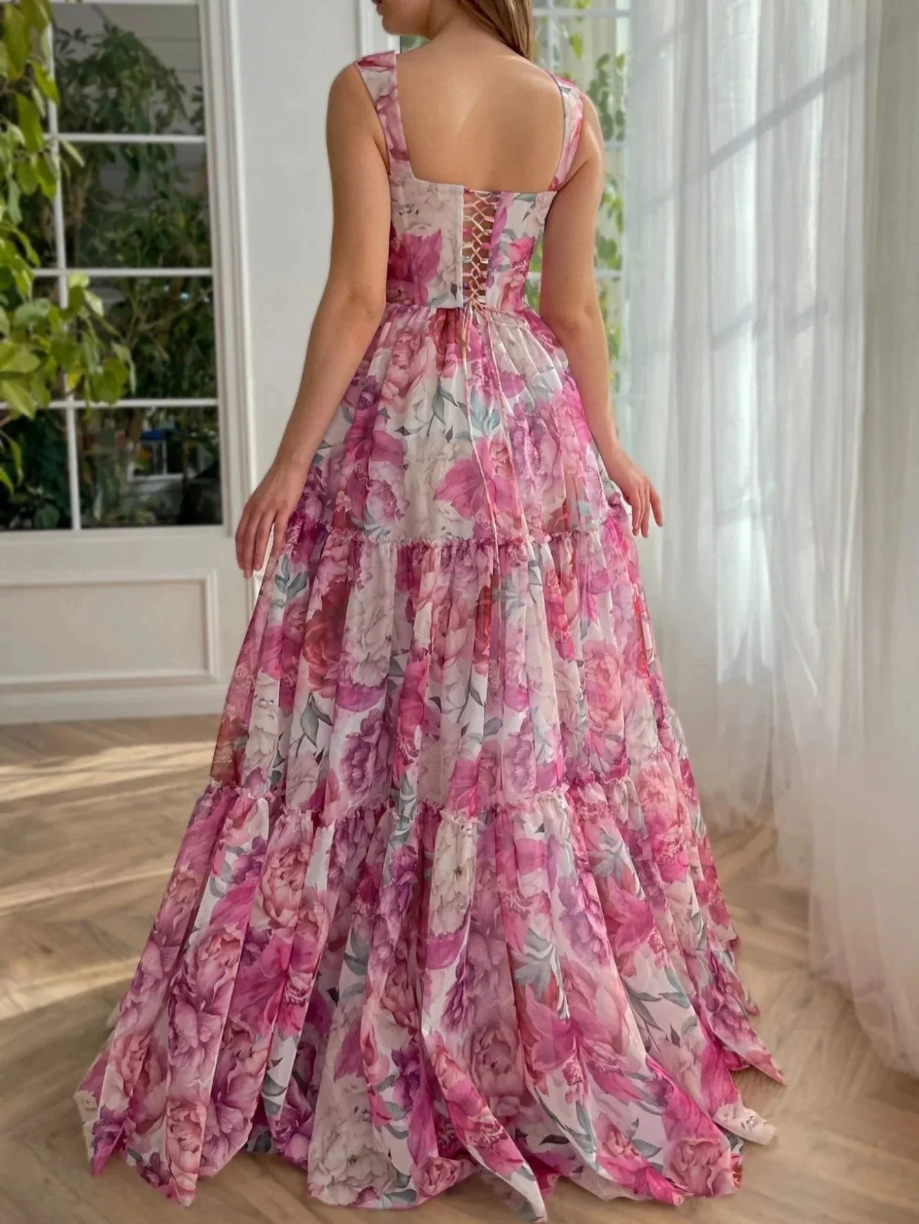 A Line Floral Pink Long Prom Dress - Image 2