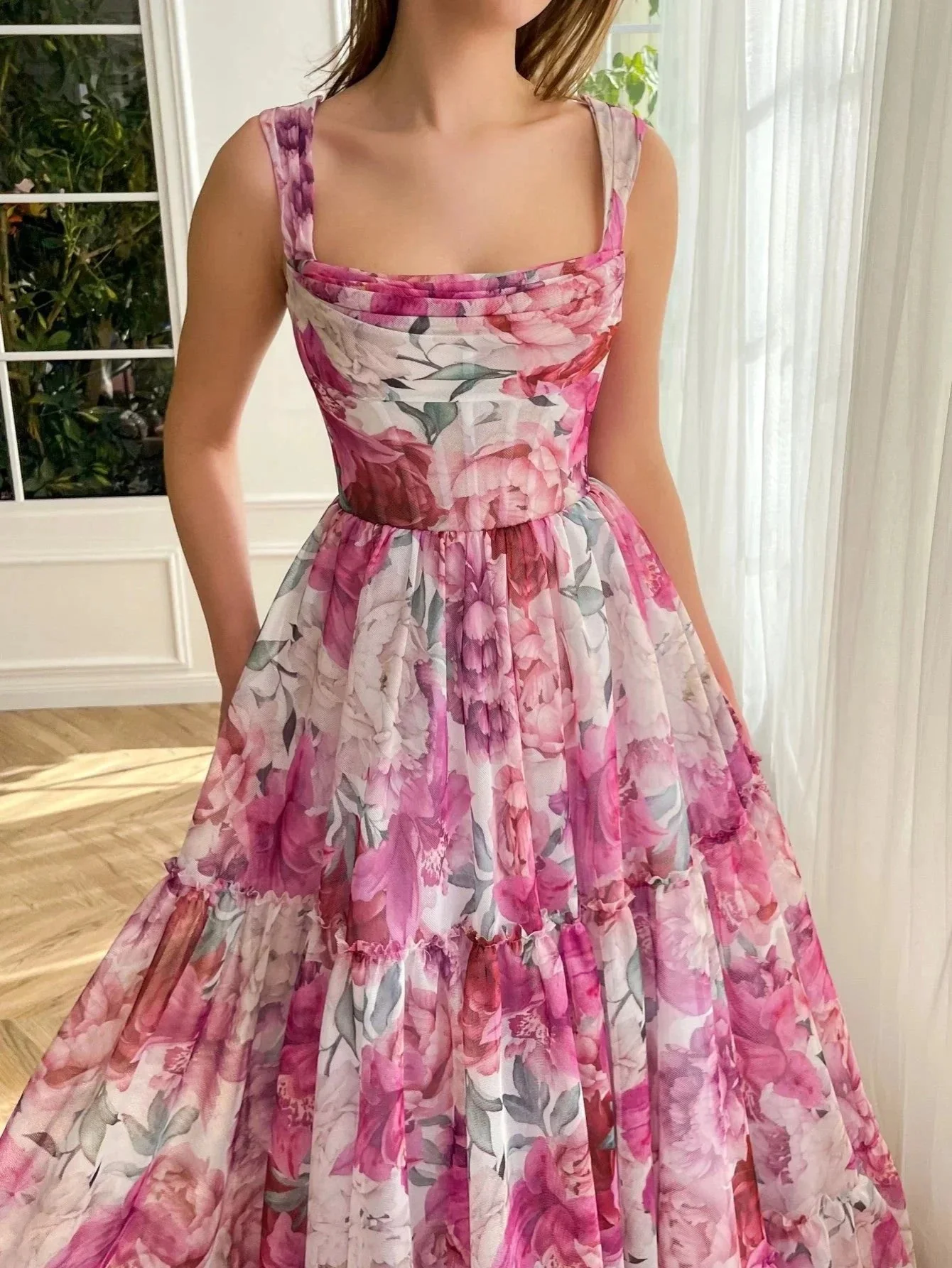 A Line Floral Pink Long Prom Dress - Image 3