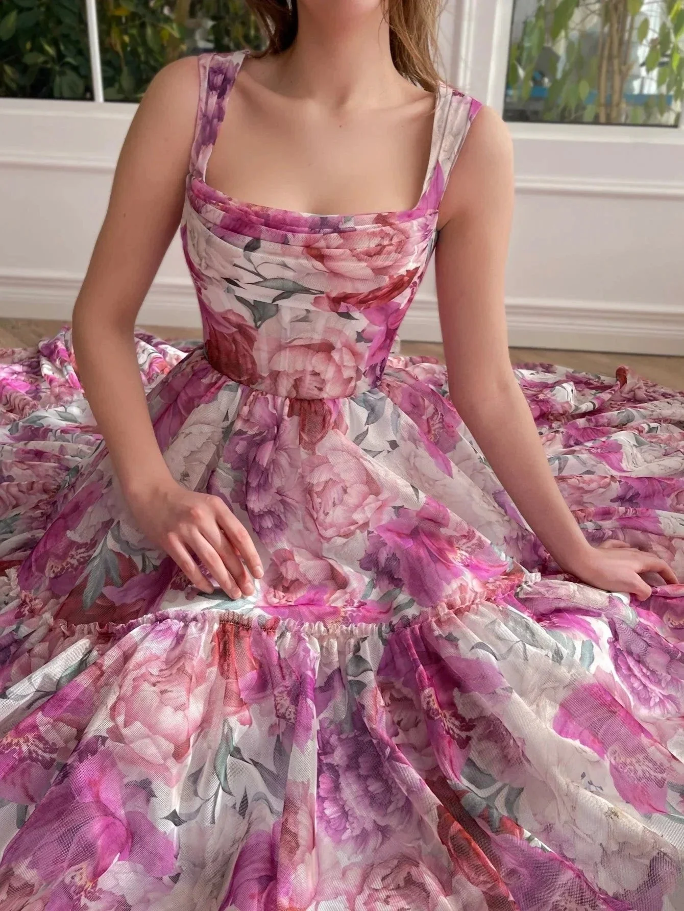 A Line Floral Pink Long Prom Dress - Image 4