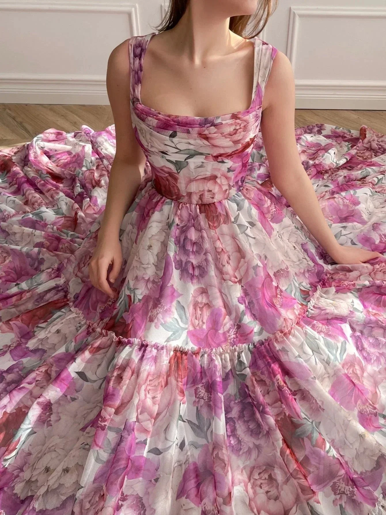 A Line Floral Pink Long Prom Dress - Image 5