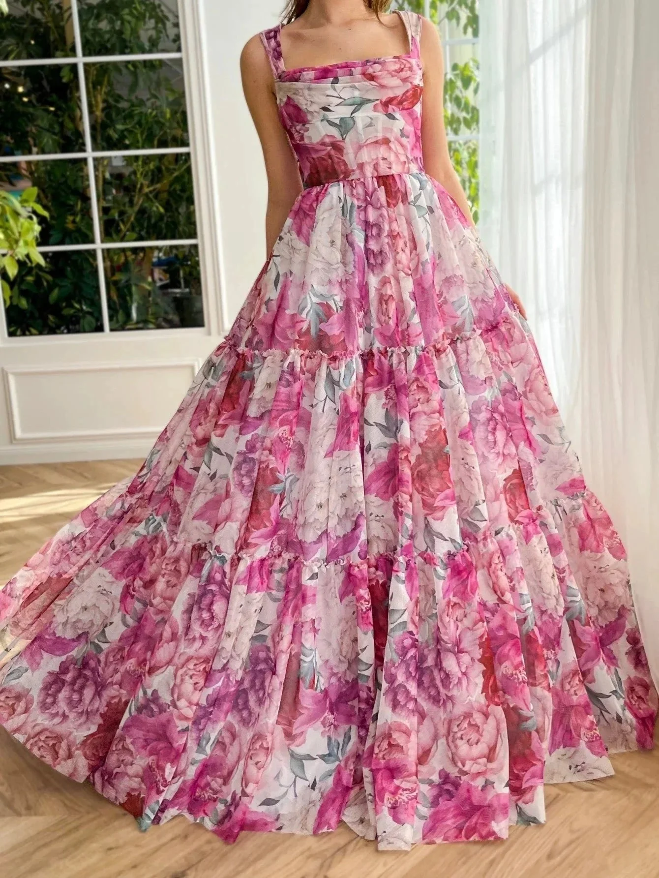 A Line Floral Pink Long Prom Dress - Image 6