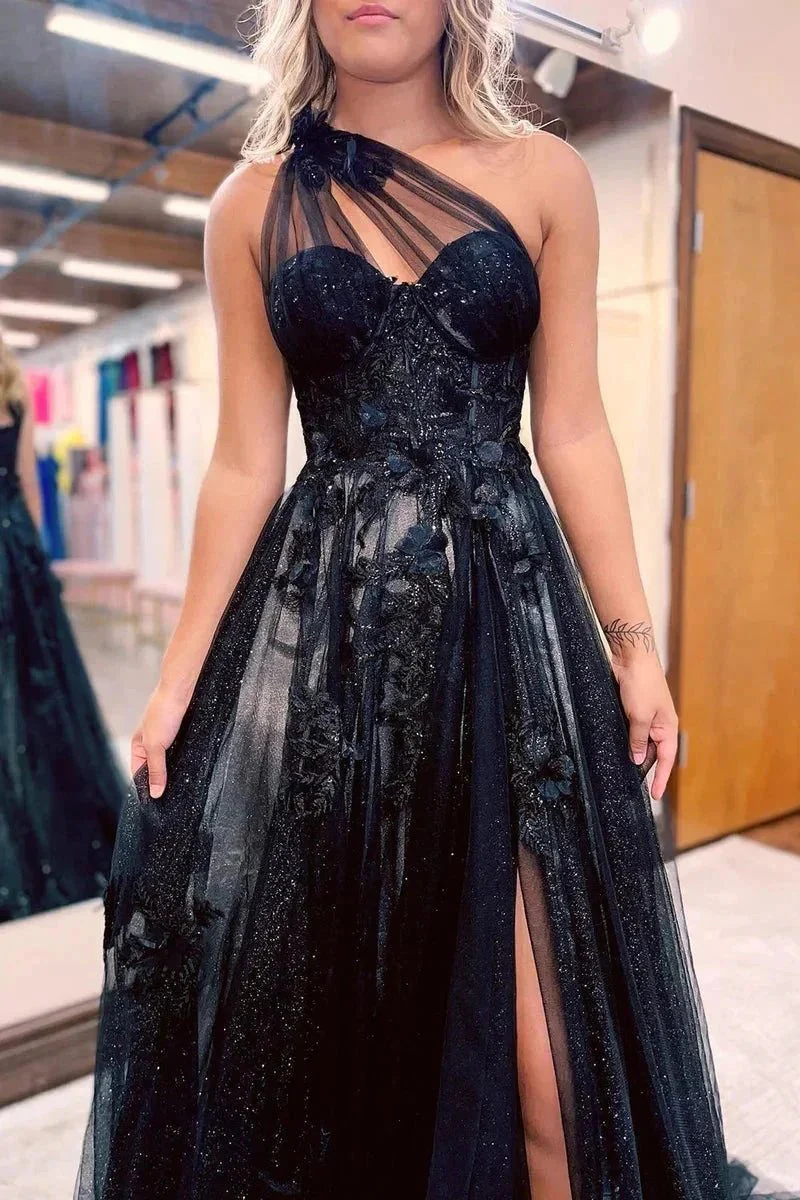A-Line One Shoulder Black Long Prom Dress With 3D Appliques PSK444 - Image 2