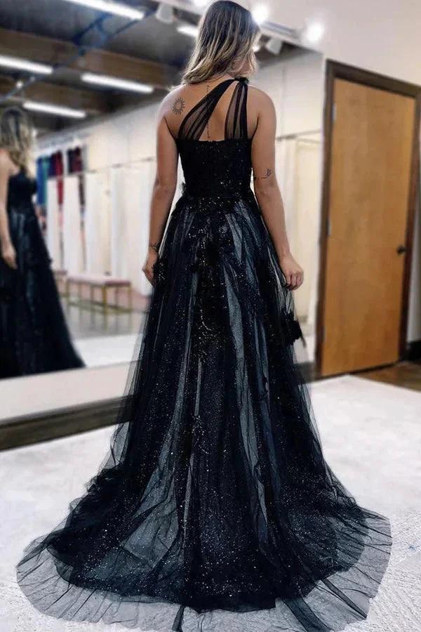 A-Line One Shoulder Black Long Prom Dress With 3D Appliques PSK444 - Image 3