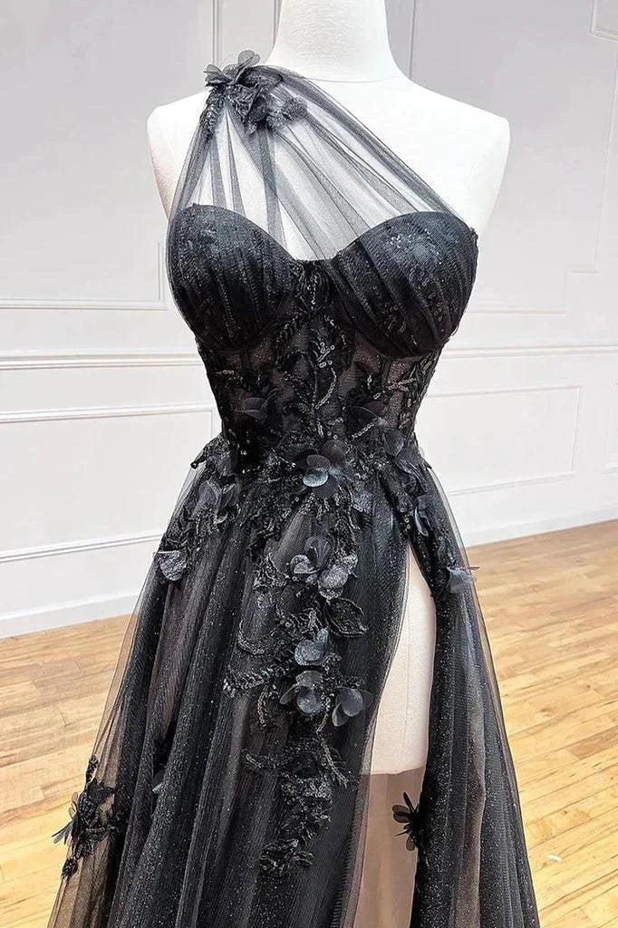 A-Line One Shoulder Black Long Prom Dress With 3D Appliques PSK444 - Image 5