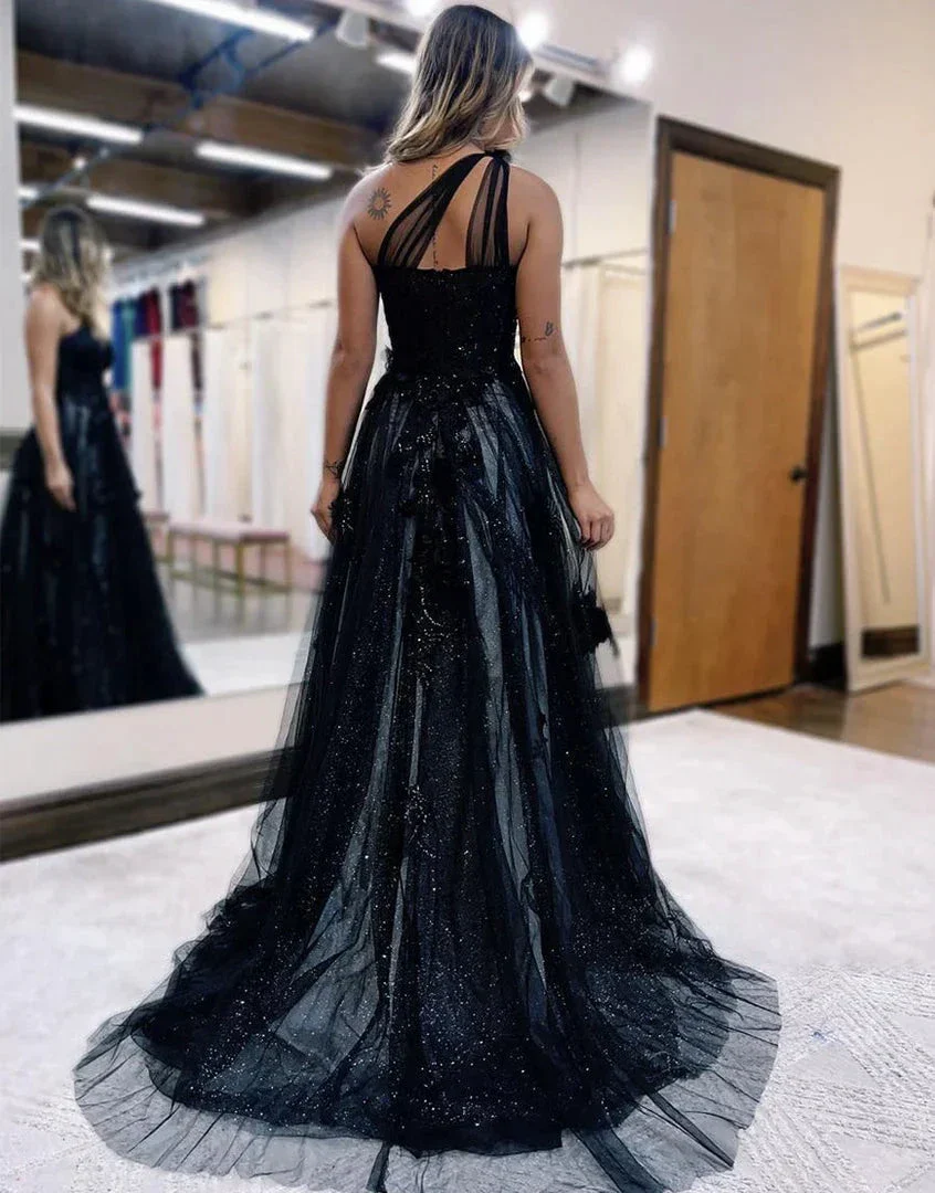 A Line One Shoulder Black Long Prom Dress with Appliques - Image 2