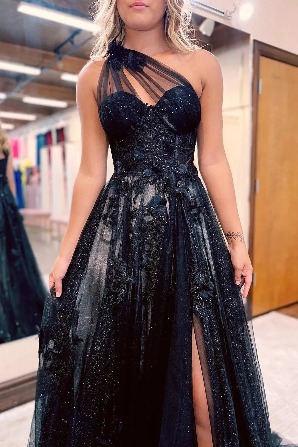 A Line One Shoulder Black Long Prom Dress with Appliques - Image 3