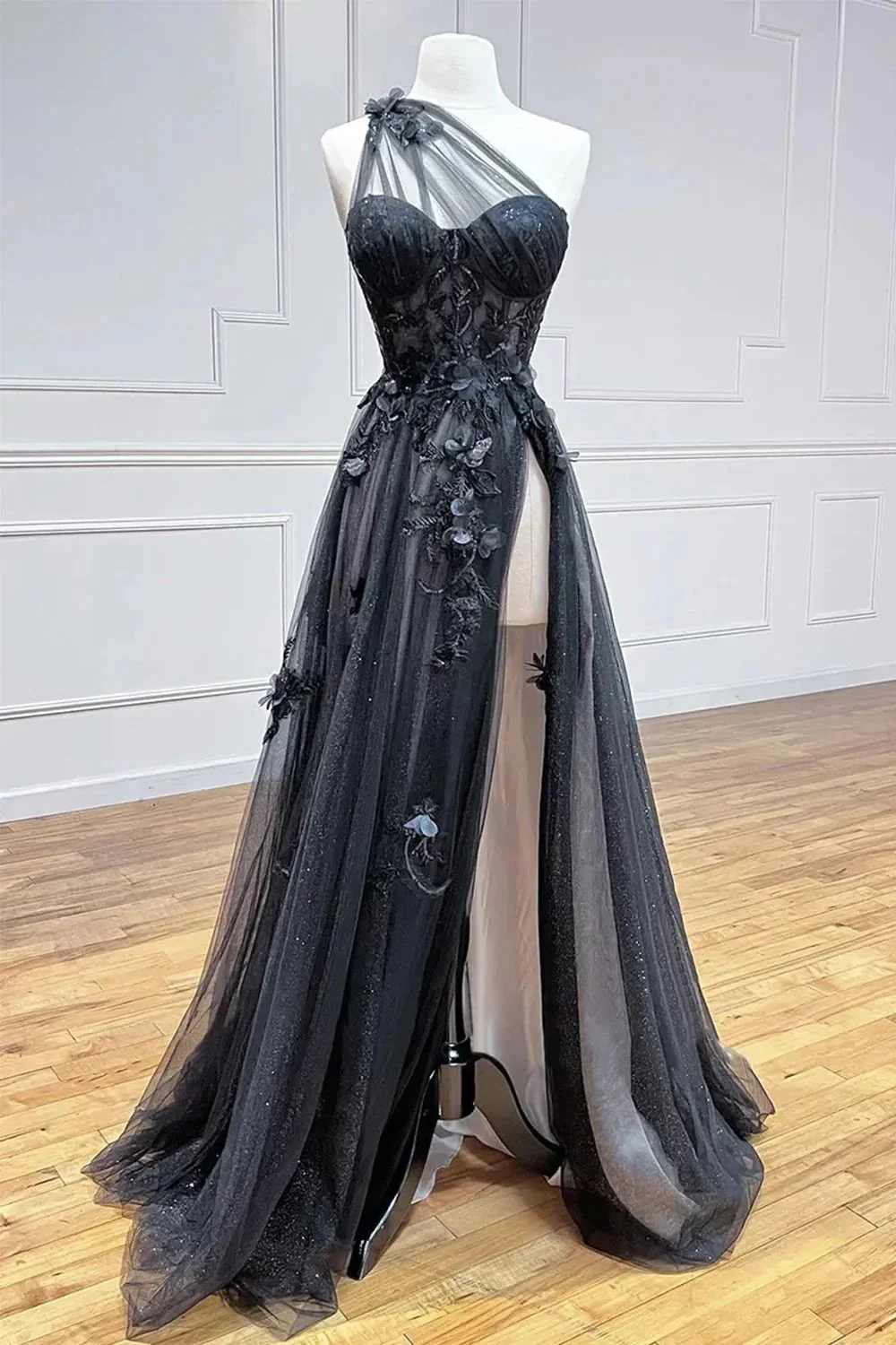 A Line One Shoulder Black Long Prom Dress with Appliques - Image 4