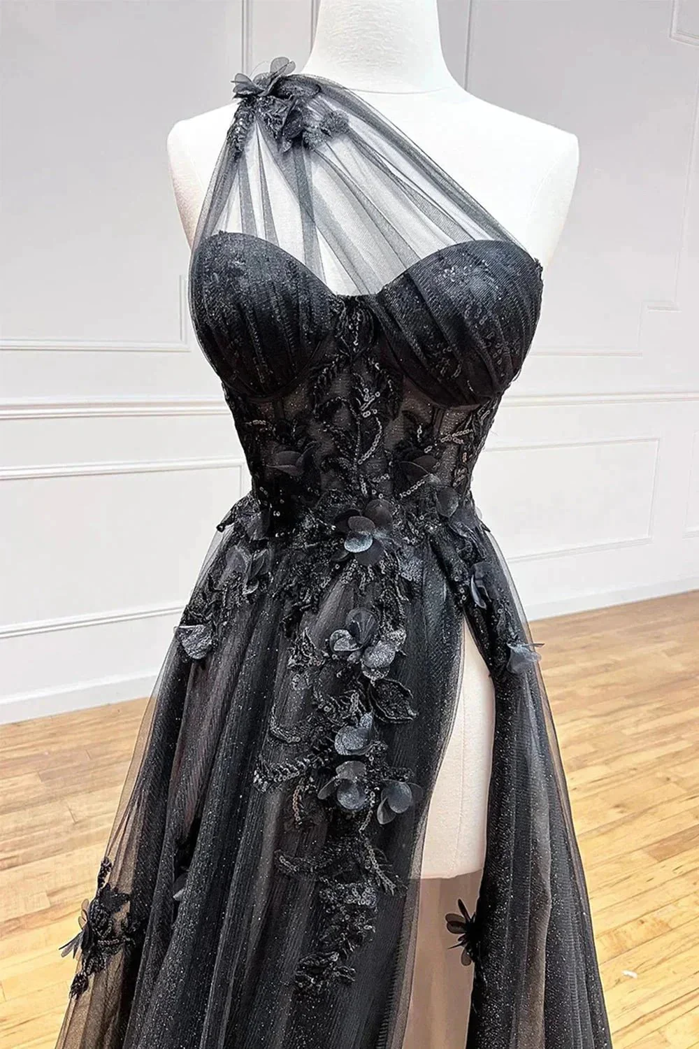 A Line One Shoulder Black Long Prom Dress with Appliques - Image 5