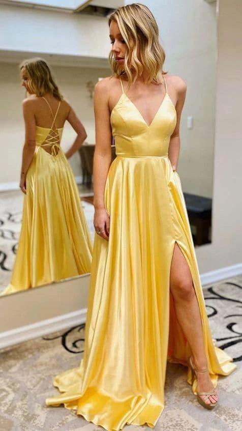 Satin Prom Dresses V-neckline Slit In Prom Dress SYP3 - Image 3
