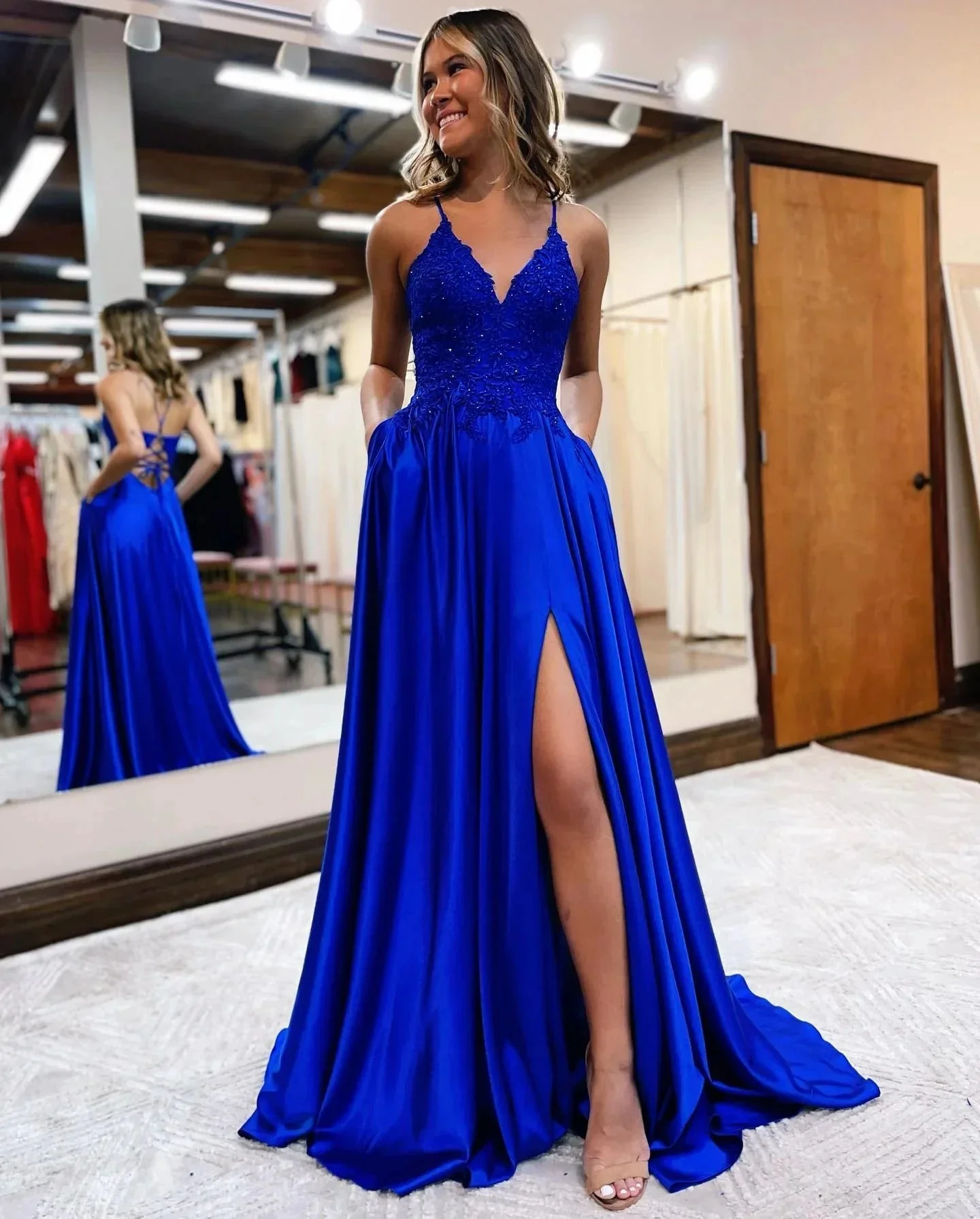 Sunnderly A-line Spaghetti Straps Corset Back Prom Dress With Split - Image 8