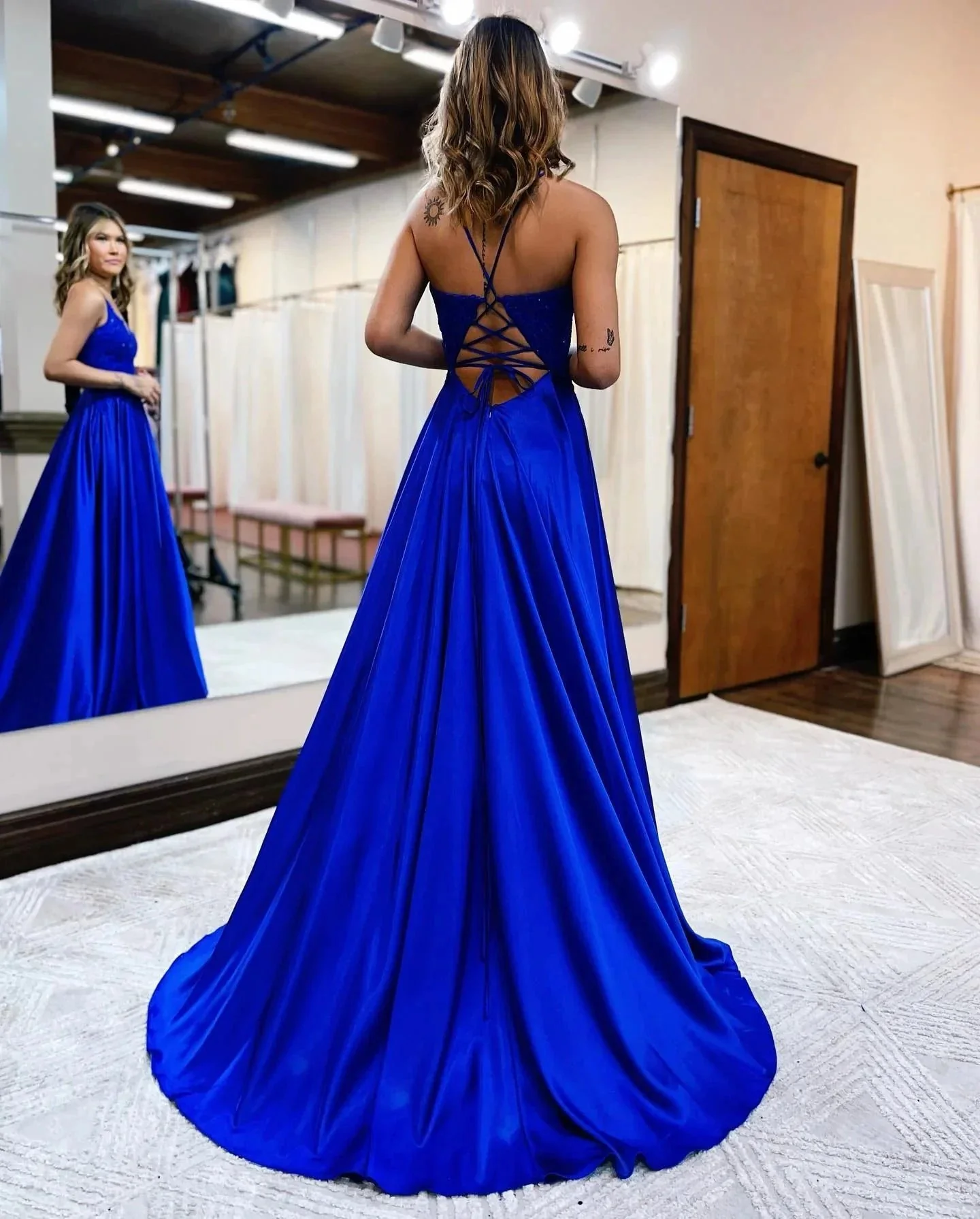 Sunnderly A-line Spaghetti Straps Corset Back Prom Dress With Split - Image 9