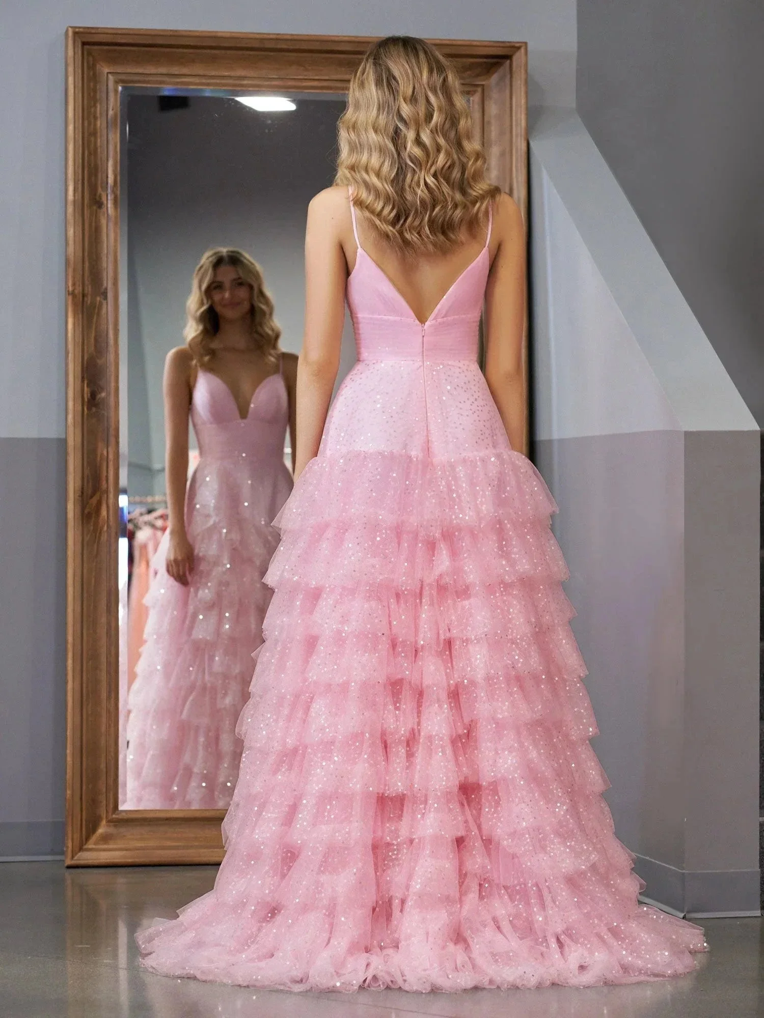 Alianna | Light Pink A-Line Tiered Spaghetti Straps Tulle Prom Dress - Image 2
