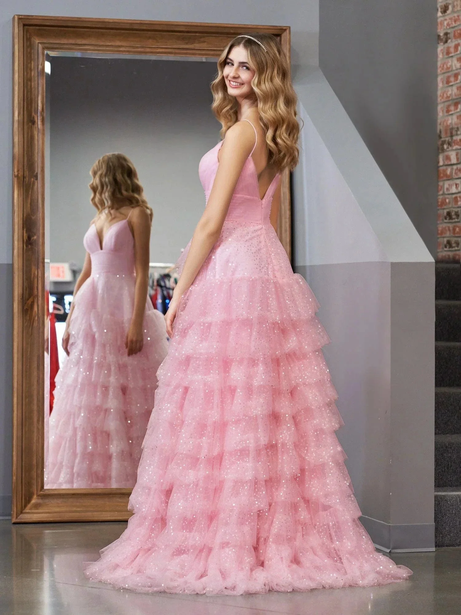Alianna | Light Pink A-Line Tiered Spaghetti Straps Tulle Prom Dress - Image 3