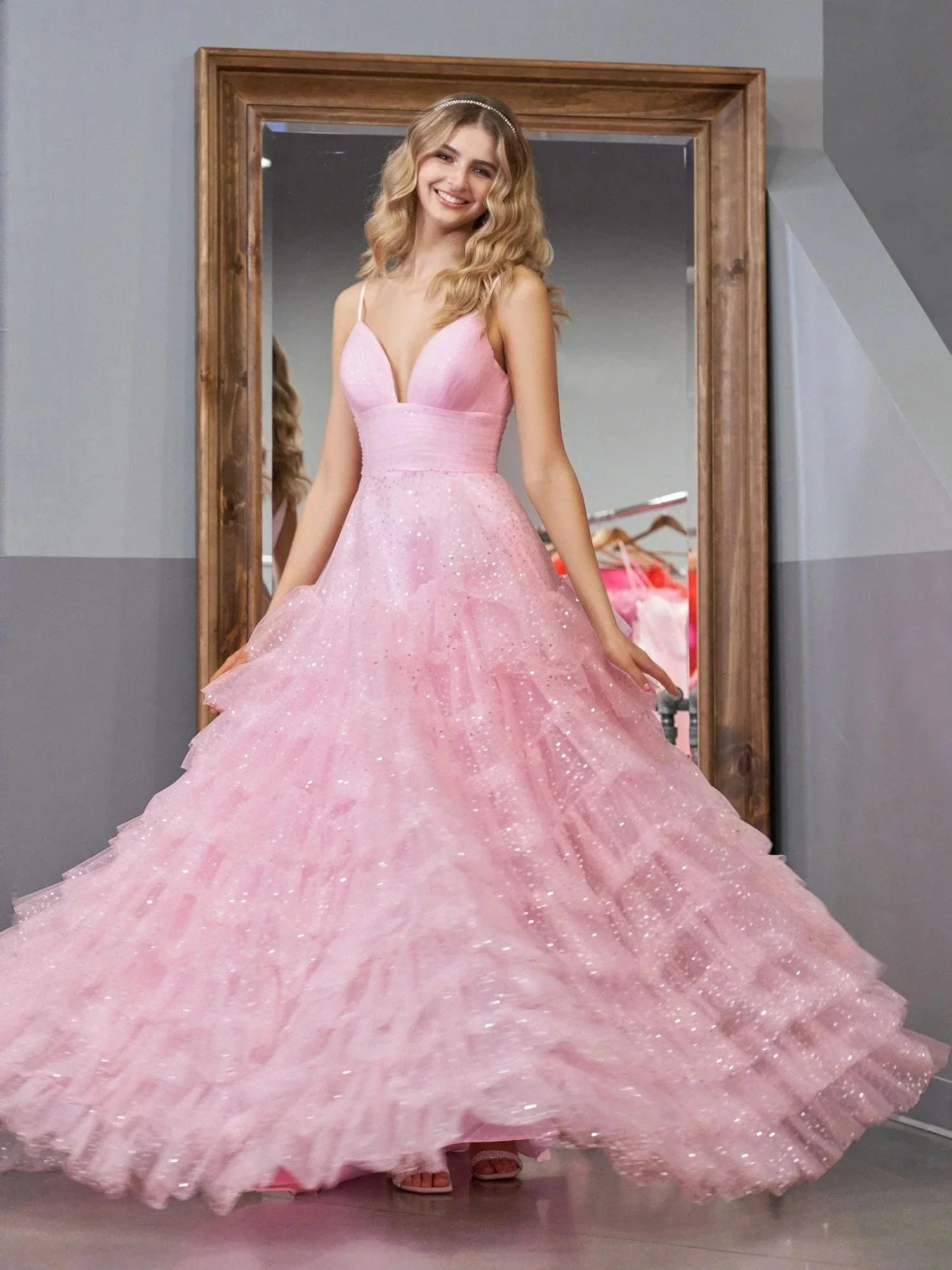 Alianna | Light Pink A-Line Tiered Spaghetti Straps Tulle Prom Dress - Image 4
